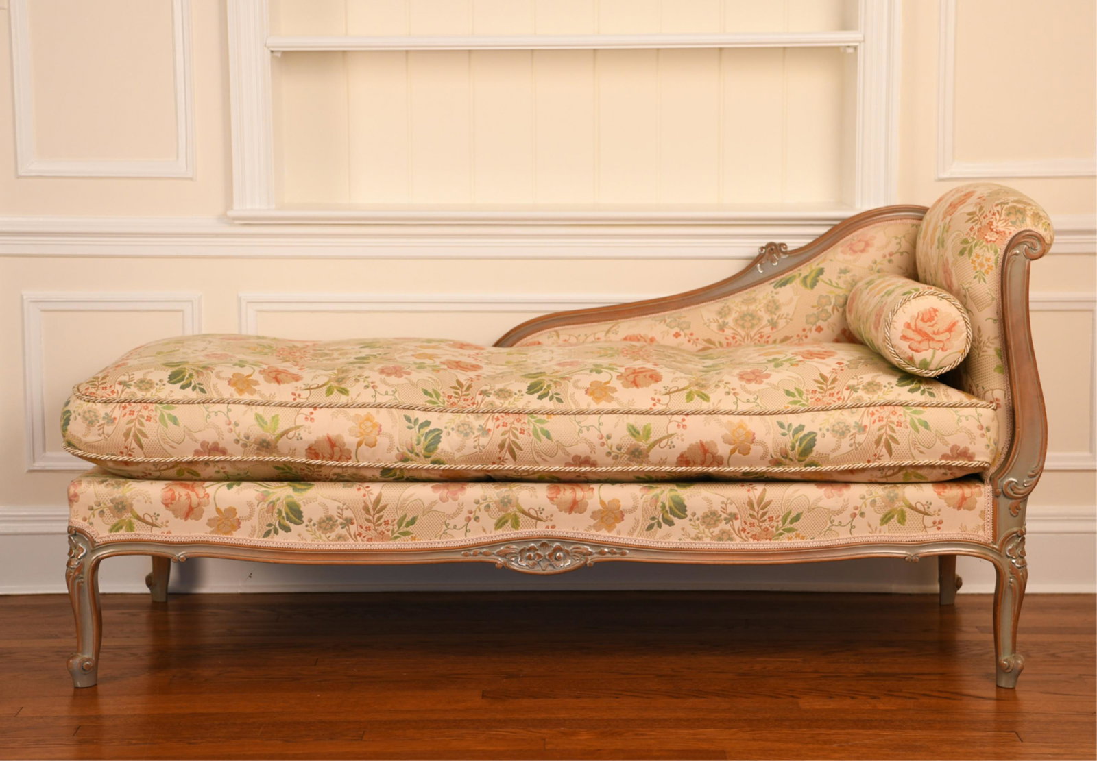LOUIS XV FRENCH STYLE CHAISE LOUNGE DAYBED: Down filled cushion. Dimensions: H 34" x W 70" x D 28.5" x SH 21" Condition: Showing light signs of use including a couple rubs.