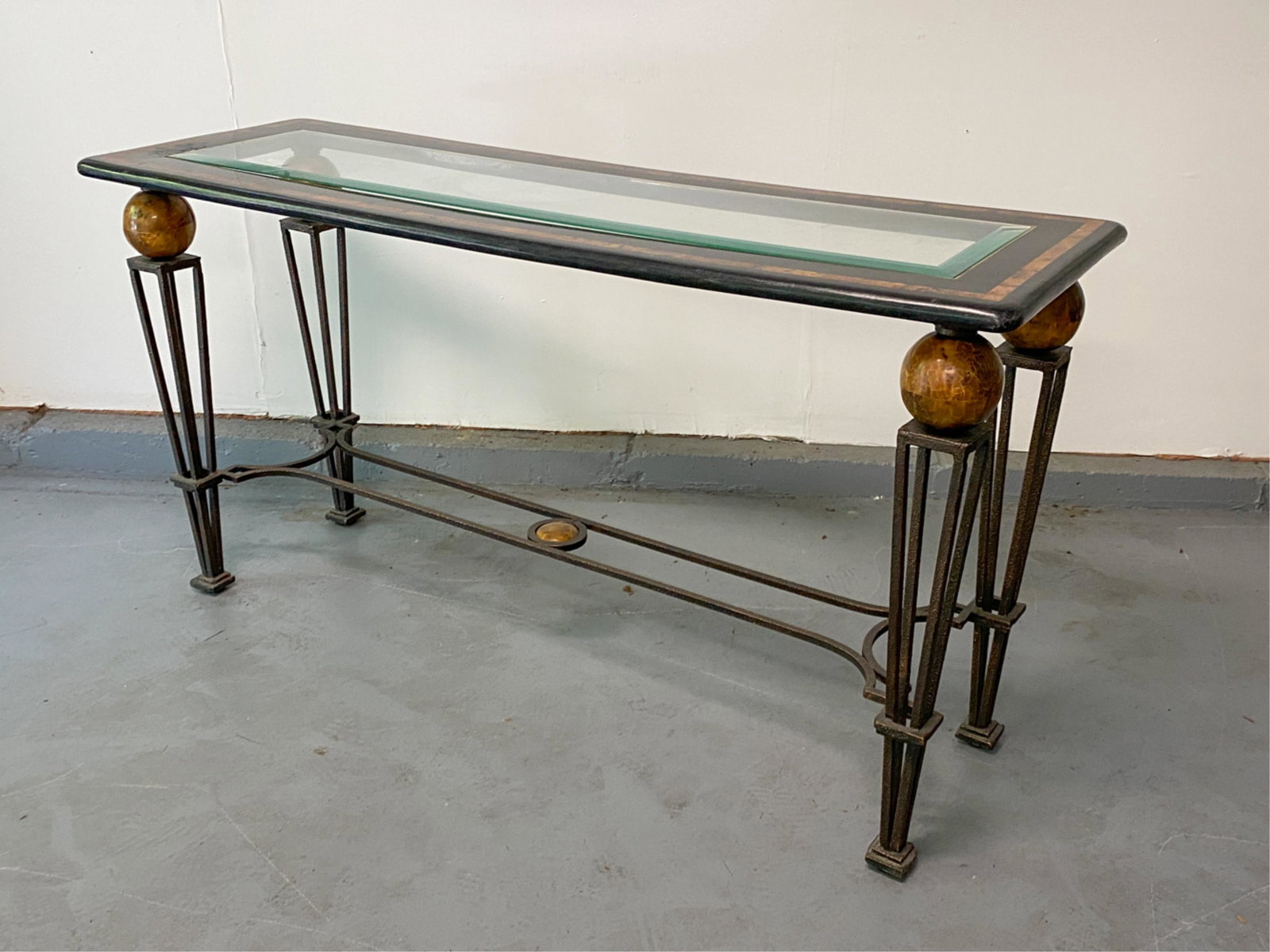 CONTEMPORARY CONSOLE TABLE: Dimensions: H 28.25" x W 53.5" x D 18.25" Condition: Few light surface scratches to glass, overall minor signs of use.