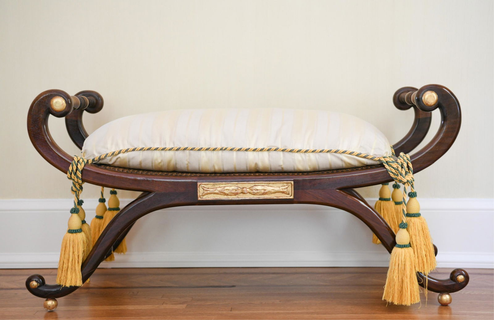 REGENCY STYLE BENCH: Caned seat. Dimensions: H 23.5" x W 48" x D 18" Condition: Caning good. Very little signs of use.