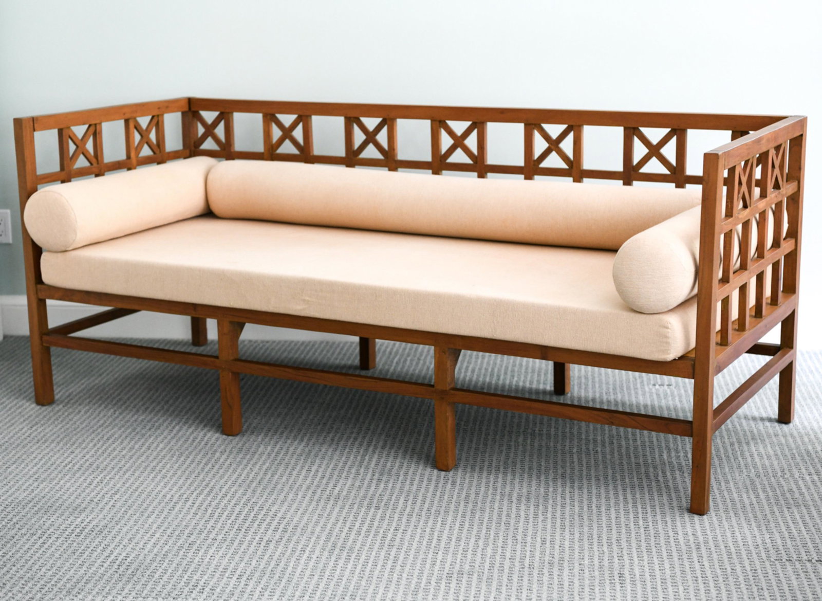 WOODEN LATTICE FRAME DAYBED / SOFA: Tagged: Made in India. Dimensions: H 32" x W 76.75" x D 31" x SH 18" Condition: Minor fading to the finish of the wood. Minor soiling to the upholstery. Overall good, used condition.