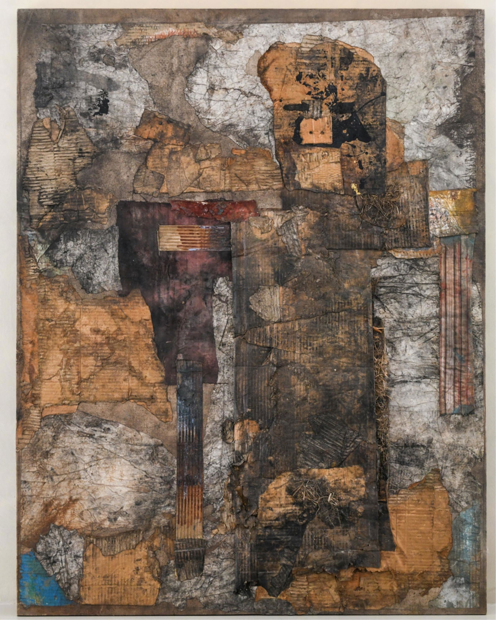 EMMANUEL BOSSON ABSTRACT MIXED MEDIA COLLAGE: Signed on verso, possibly dated. Dimensions: H 58.75" x W 45.25" Condition: No issues to note.