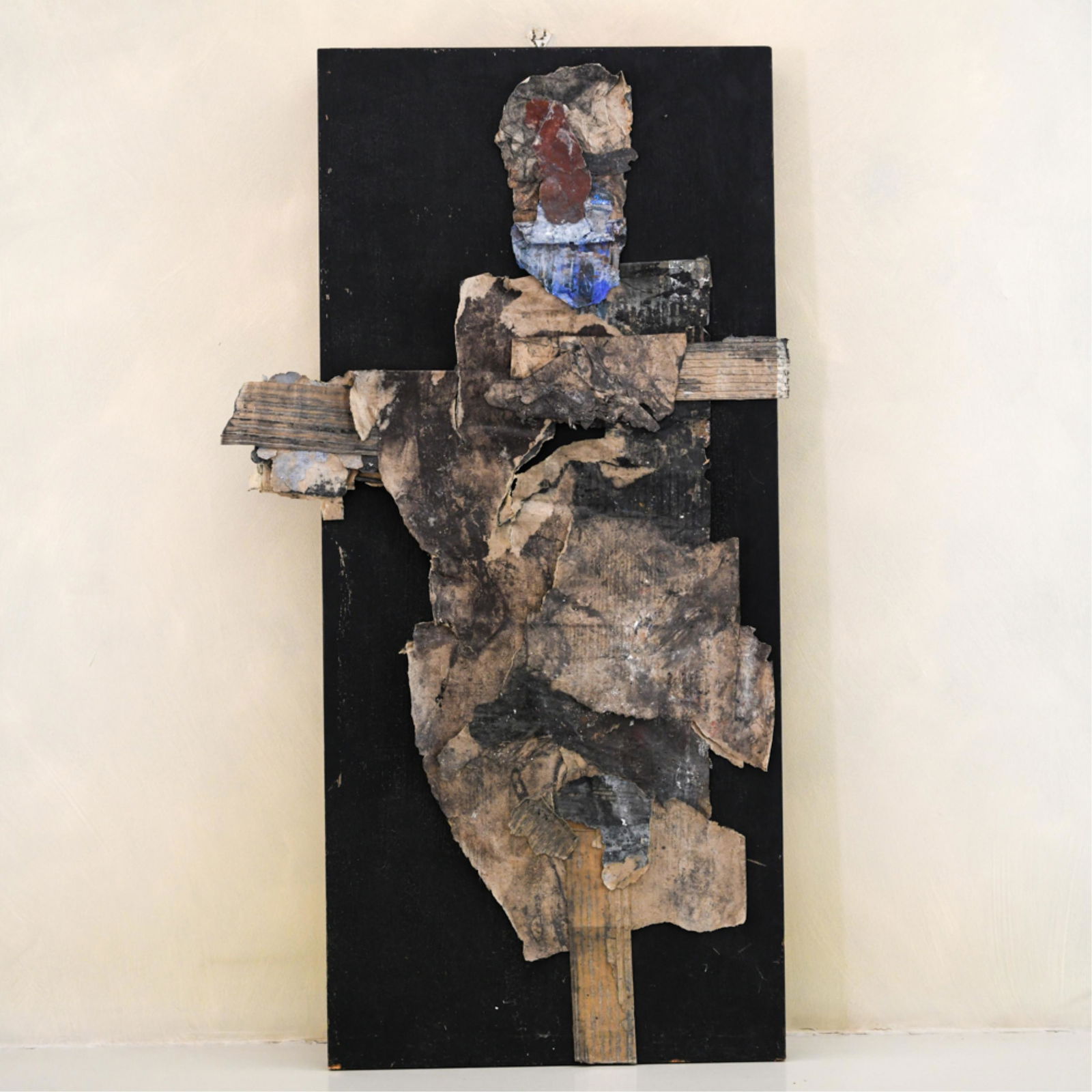 EMMANUEL BOSSON MIXED MEDIA COLLAGE ON BOARD: Signed on verso: Zoe. Dimensions: (Overall) H 39.25" x W 22" x D 1.5" Condition: Small losses to edges. Possible water stains verso to pressed wood board.