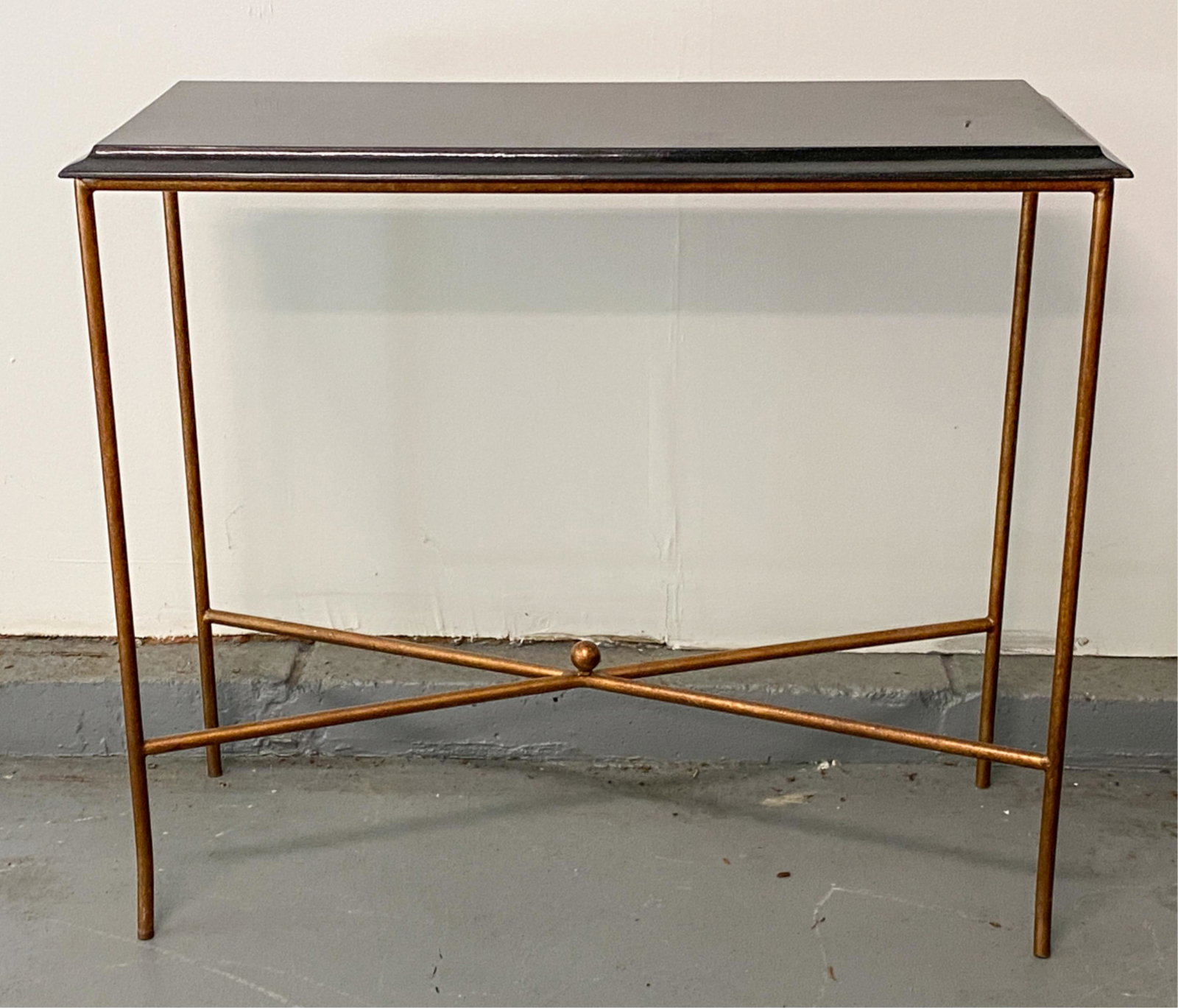 MARBLE CONSOLE TABLE: Marble top. Diminutive size. Dimensions: H 24.75" x W 28.75" x D 11.5" Condition: Marble with minor flea bites to underside edge.
