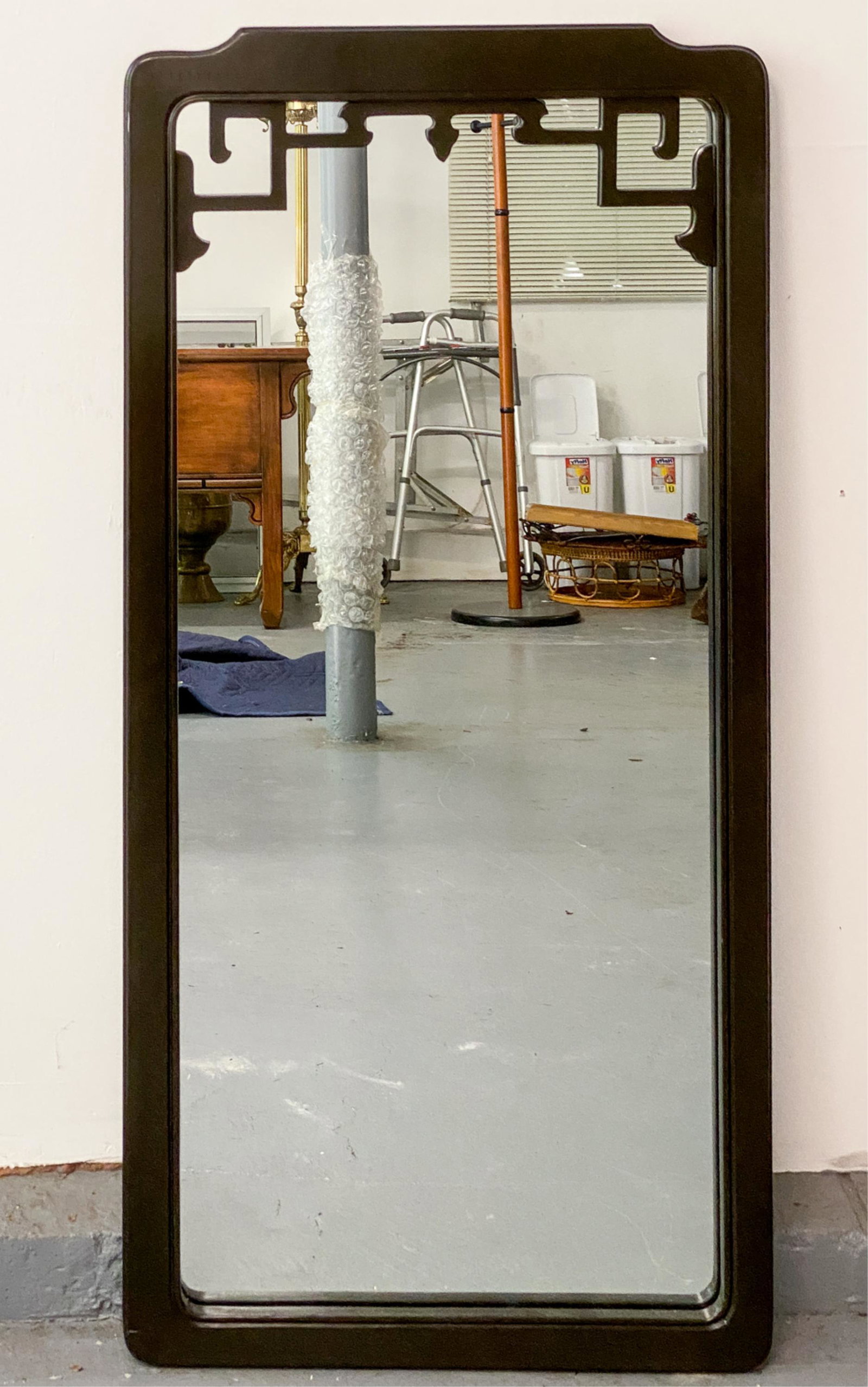 CHINOSERIE EBONIZED FRAME MIRROR: 1960's-1970's. Dimensions: H 43" x W 20.5" Condition: Showing only minor signs of use.