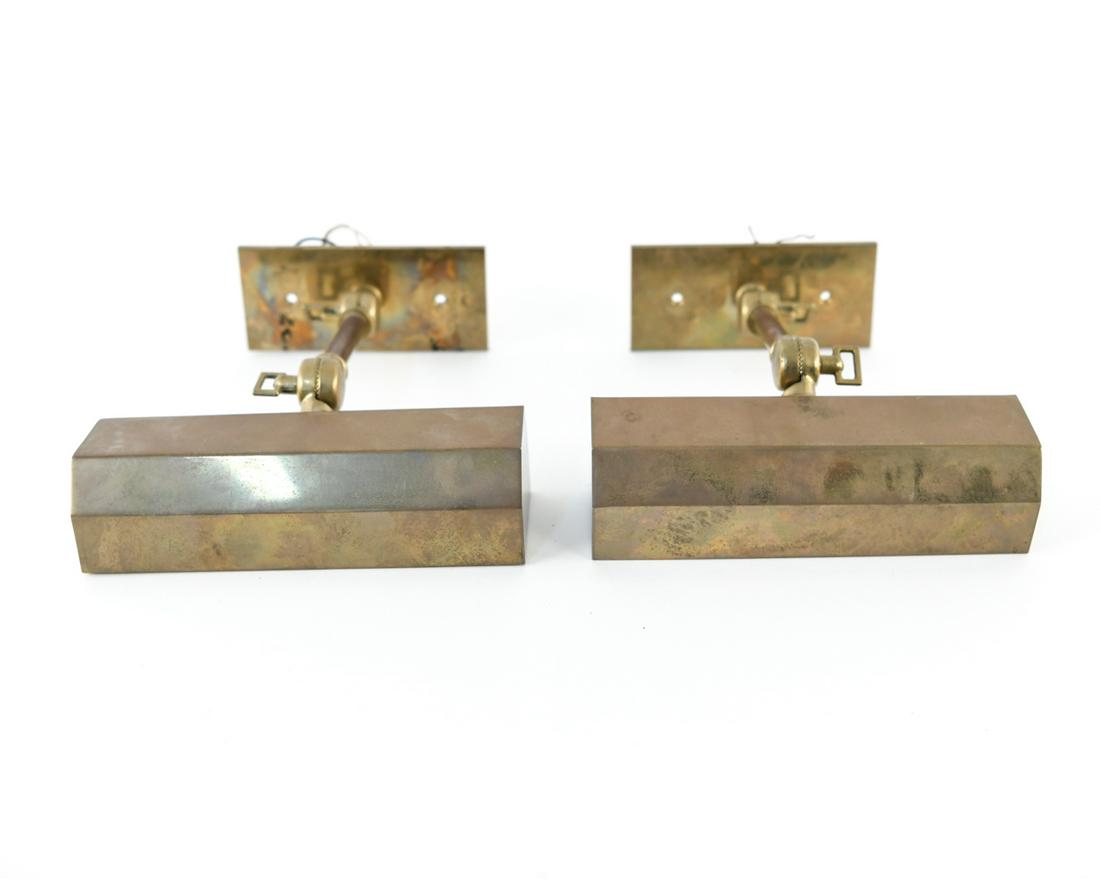 (2) BRASS OVER PICTURE LIGHT FIXTURES: Dimensions: H 9.5" x W 7.5" x D 3" Condition: Not tested. Light patina to metal.