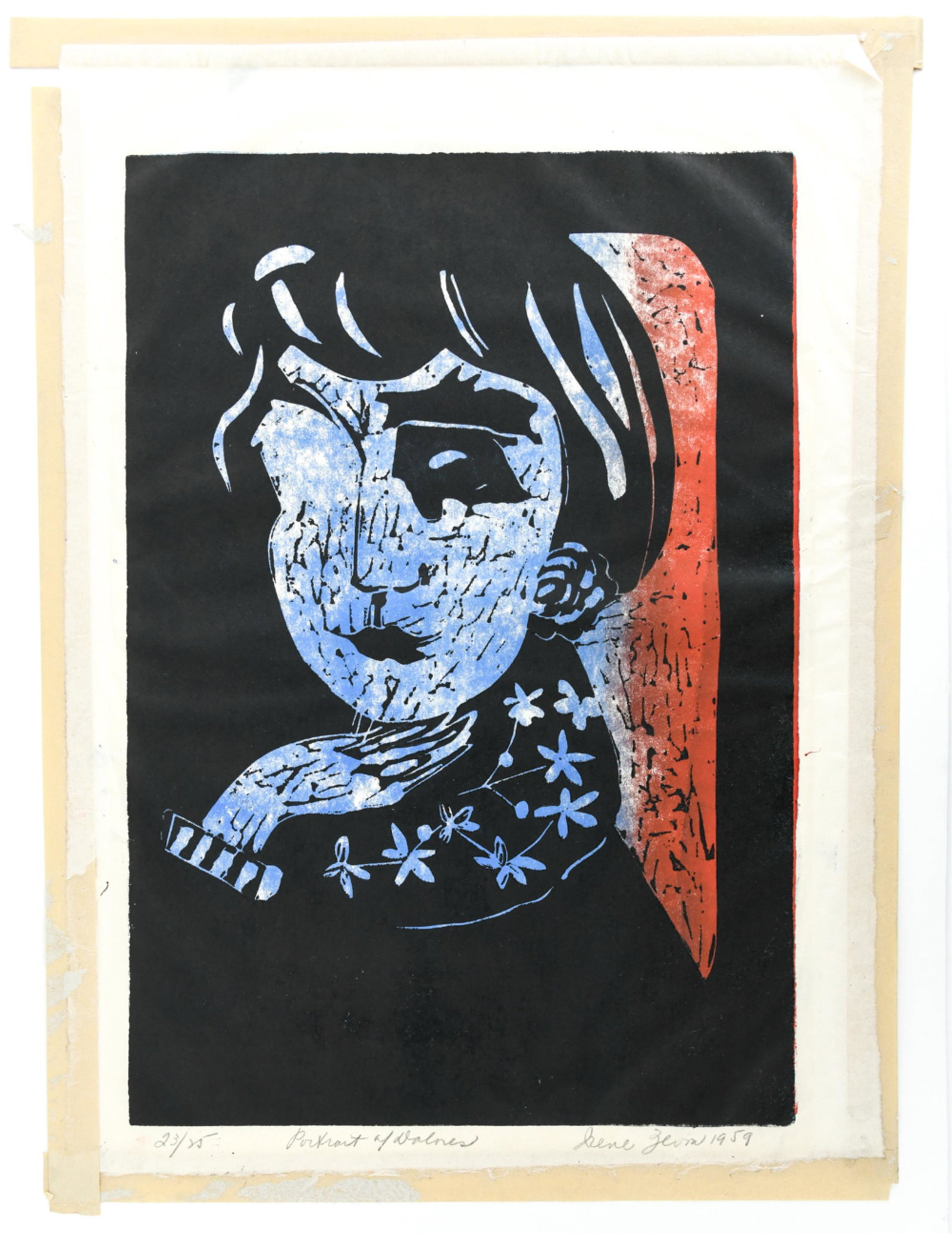 IRENE ZEVON (AMERICAN 1918-2006) WOODBLOCK PRINT: Known for lyrical abstract paintings and prints. A Ukrainian born NYC resident, she studied with Gottlieb, Marcel Gromaire and Leger. A modernist abstracted portrait woodblock color linocut on Japan. 