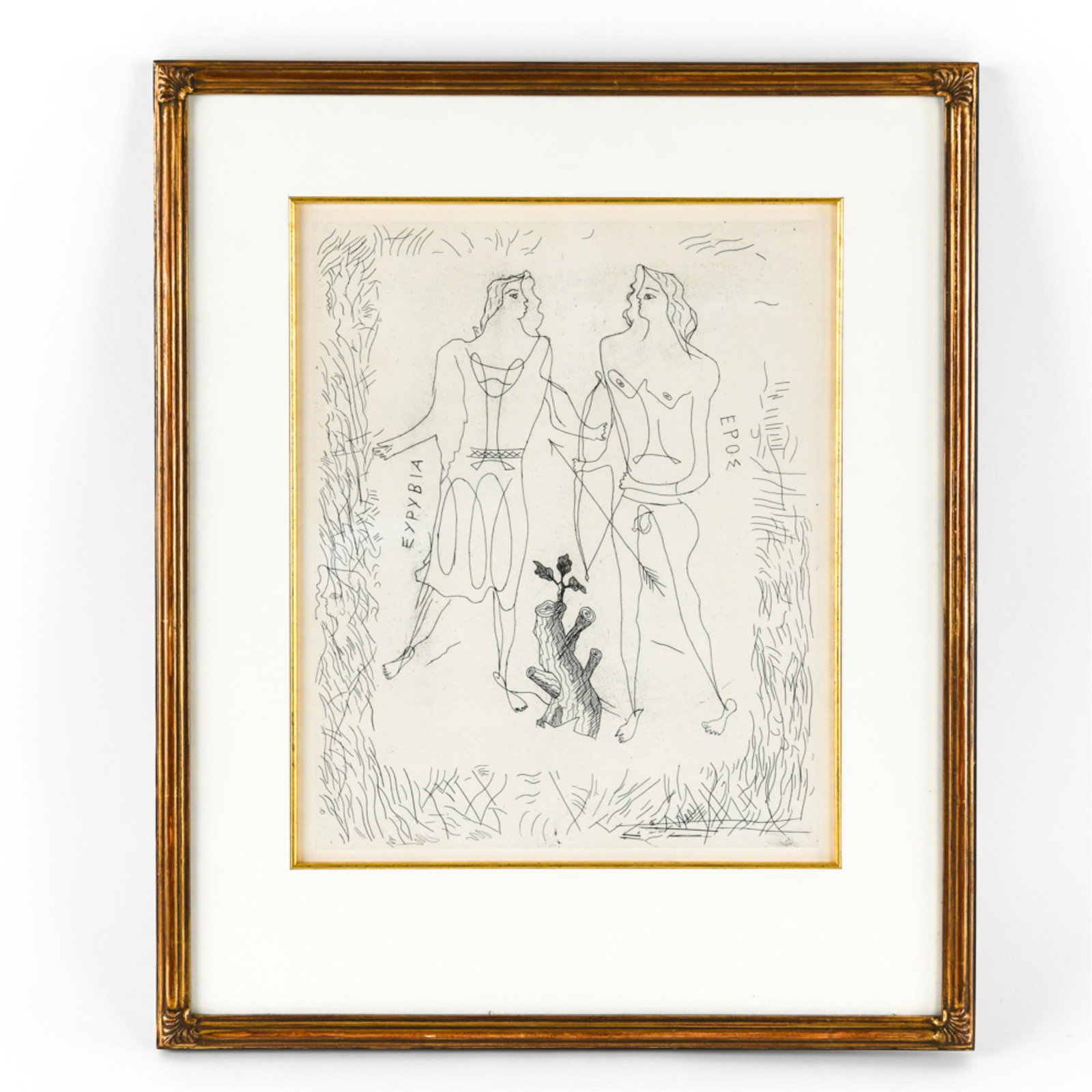 GEORGE BRAQUE "EURYBIA & EROS" ETCHING: Unsigned, edition of 350, 1932. Dimensions: Frame: H 22.5" x W 18.5" Sight: H 15" x W 12" Condition: Slight toning to paper.