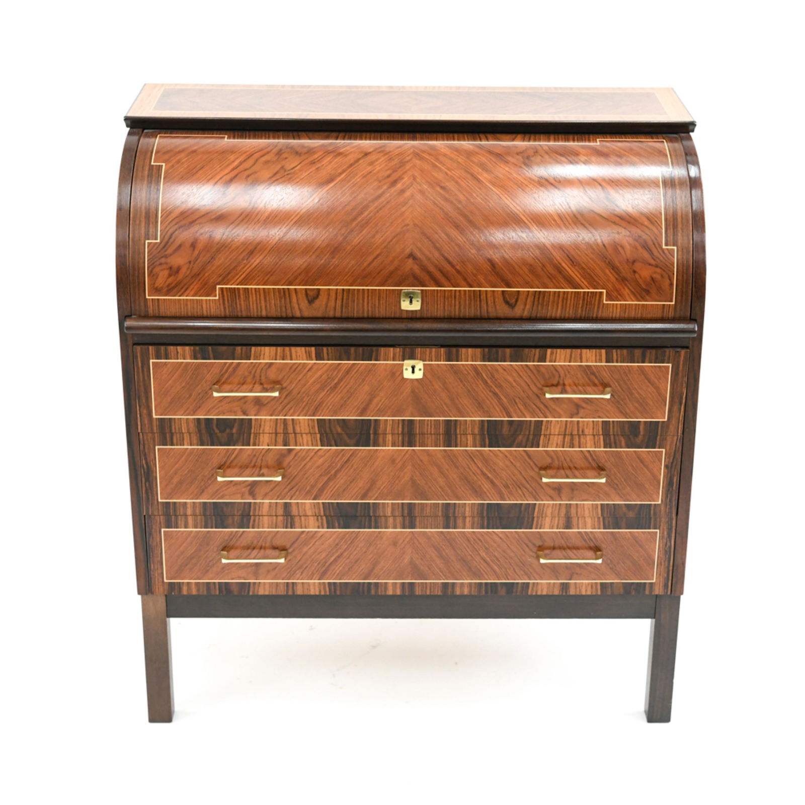 SIGNED SCANDINAVIAN ROLL TOP DESK ON CHEST: Inlaid. Marked to inside: Gustafsson, Sweden, Scandinavian Gallery. Roll top. Including two keys and paperwork. Dimensions: H 38.5" x W 35.5" x D 18.5" Condition: Few light marks to surface. Wear to l