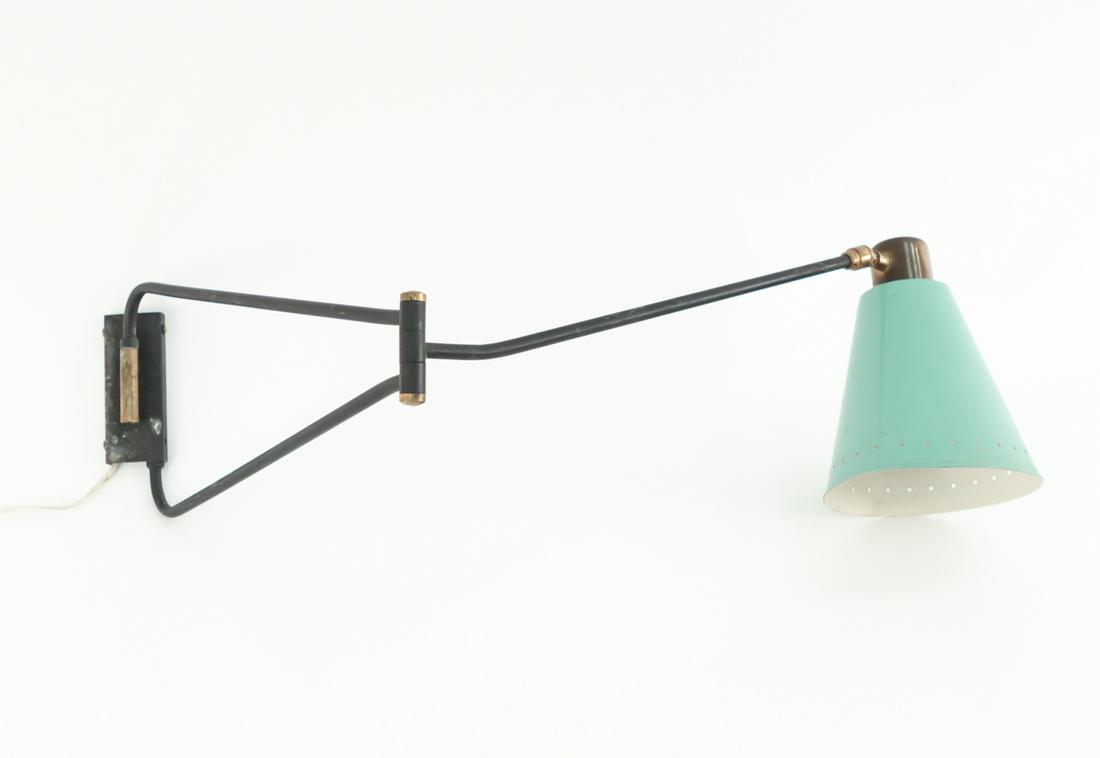 RENE MATHIEU WALL SCONCE: Dimensions: (Closed) H 10" x W 22" x D 7" Condition: Wear to paint finish consistent with age and use. Some light surface rust. Shade slightly misshapen.