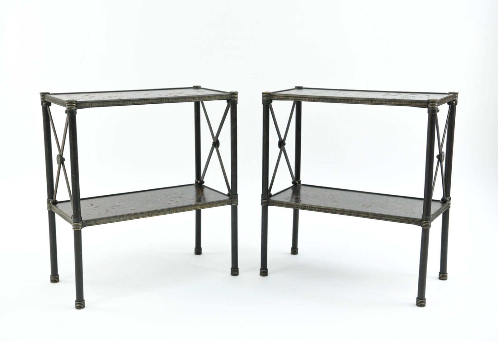 PAIR OF CHINOISERIE STYLE SIDE TABLES: Contemporary, with painted and raised decoration and antiqued finish brass. Quality fabricated high end designer works. Dimensions: H 27.5" x W 25" x D 12.5"Condition: Minor signs of light use.