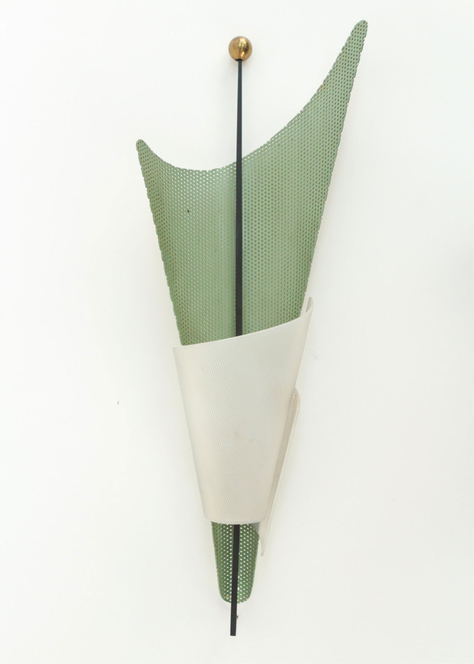 MID-CENTURY FRENCH WALL SCONCE: Manner of Mathieu Mategot Perforated metal and perspex shade. Dimensions: H 24" x W 7" x D 7" Condition: Minor signs of age including light fading to the paint.