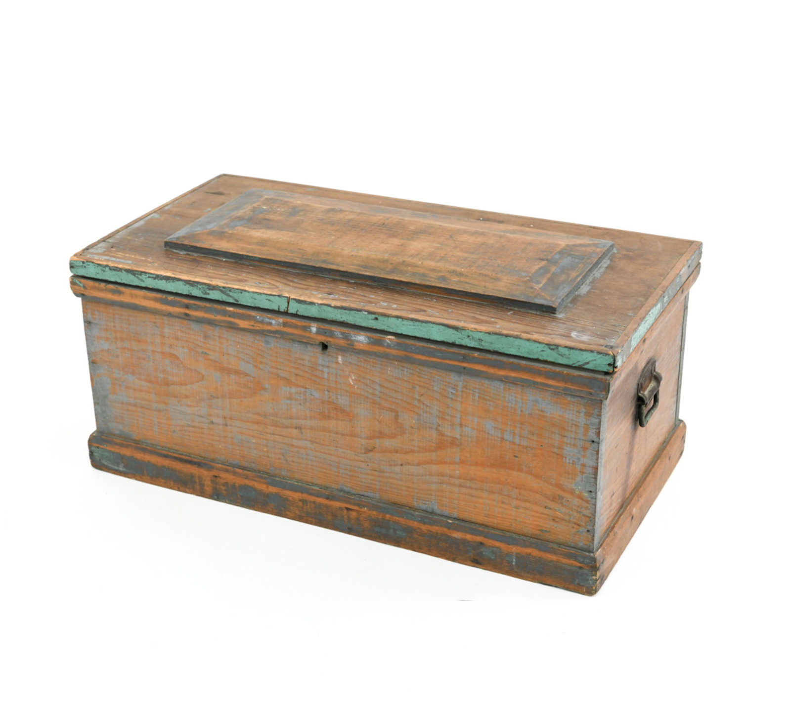 ANTIQUE PINE TRUNK W/ OLD PAINT: With remnants of old paint and iron handles. Dimensions: H 15" x W 33.75" x D 18" Condition: Some usage scuffs and scratches, one hinge loose.