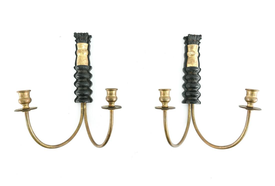 PAIR OF WOOD & BRASS CANDLE SCONCES: Carved and gilt wood, two brass arms. Made from antique and new wood. Dimensions: H 14" x W 10" x D 7" Condition: Showing overall finish wear consistent with age and handling.