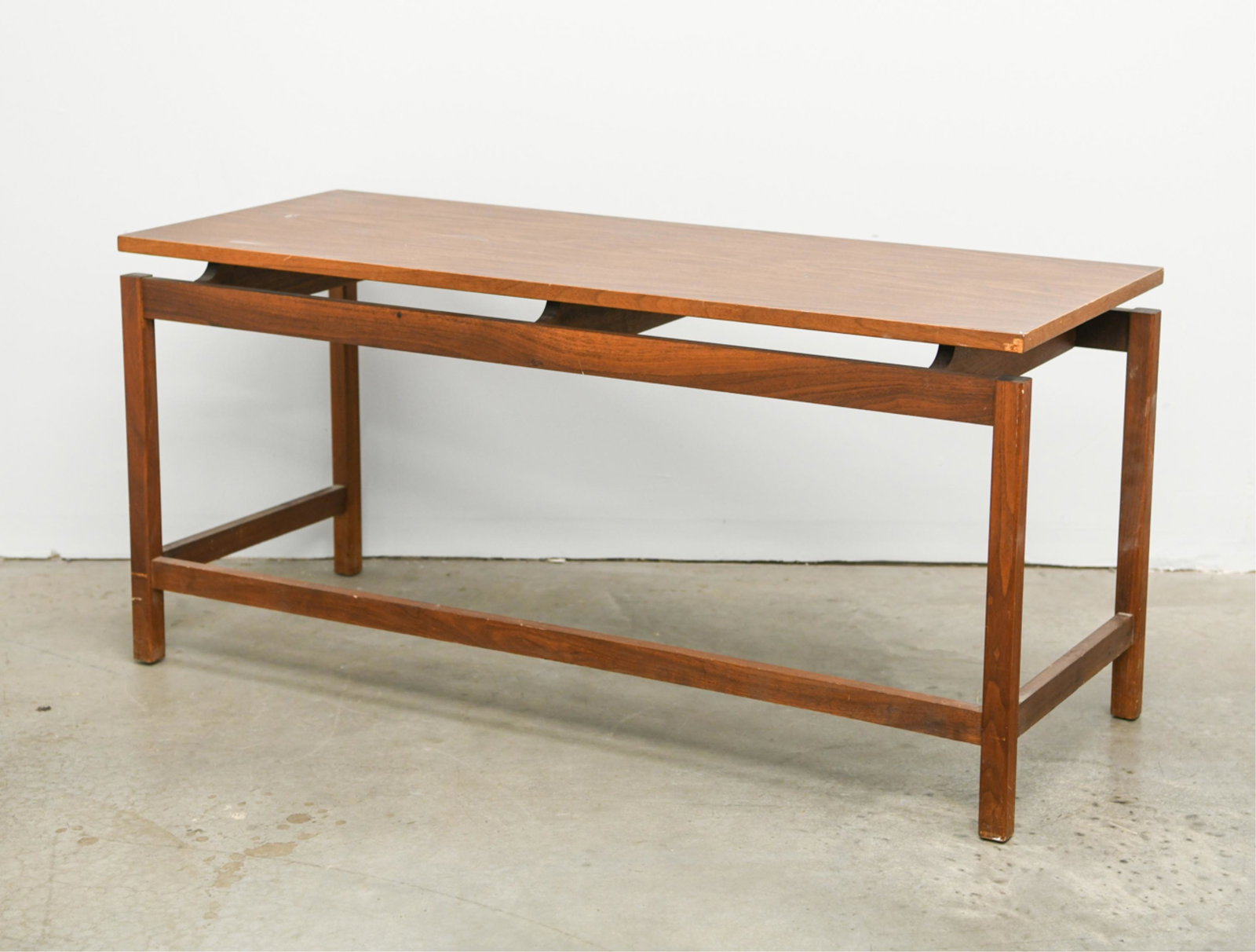 CONSOLE TABLE: Dimensions: H 22.25" x W 48" x D 18" Condition: Couple light surface marks. Rubs including small paint marks to some edges. Some areas of finish wear especially to base feet. Loss of veneer at one cor