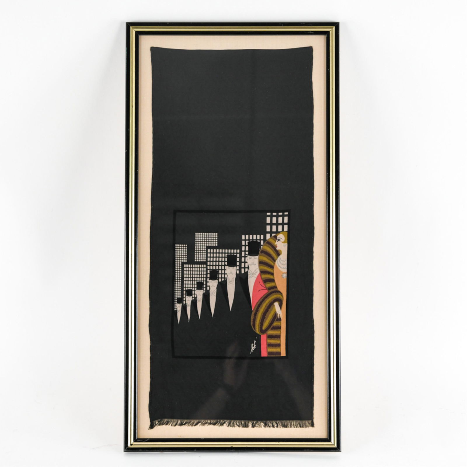 ERTE PRINTED TEXTILE: Dimensions: (Frame) H 30" x W 15" (Textile) H 26.5" x W 11.5" Condition: Rippling in frame.