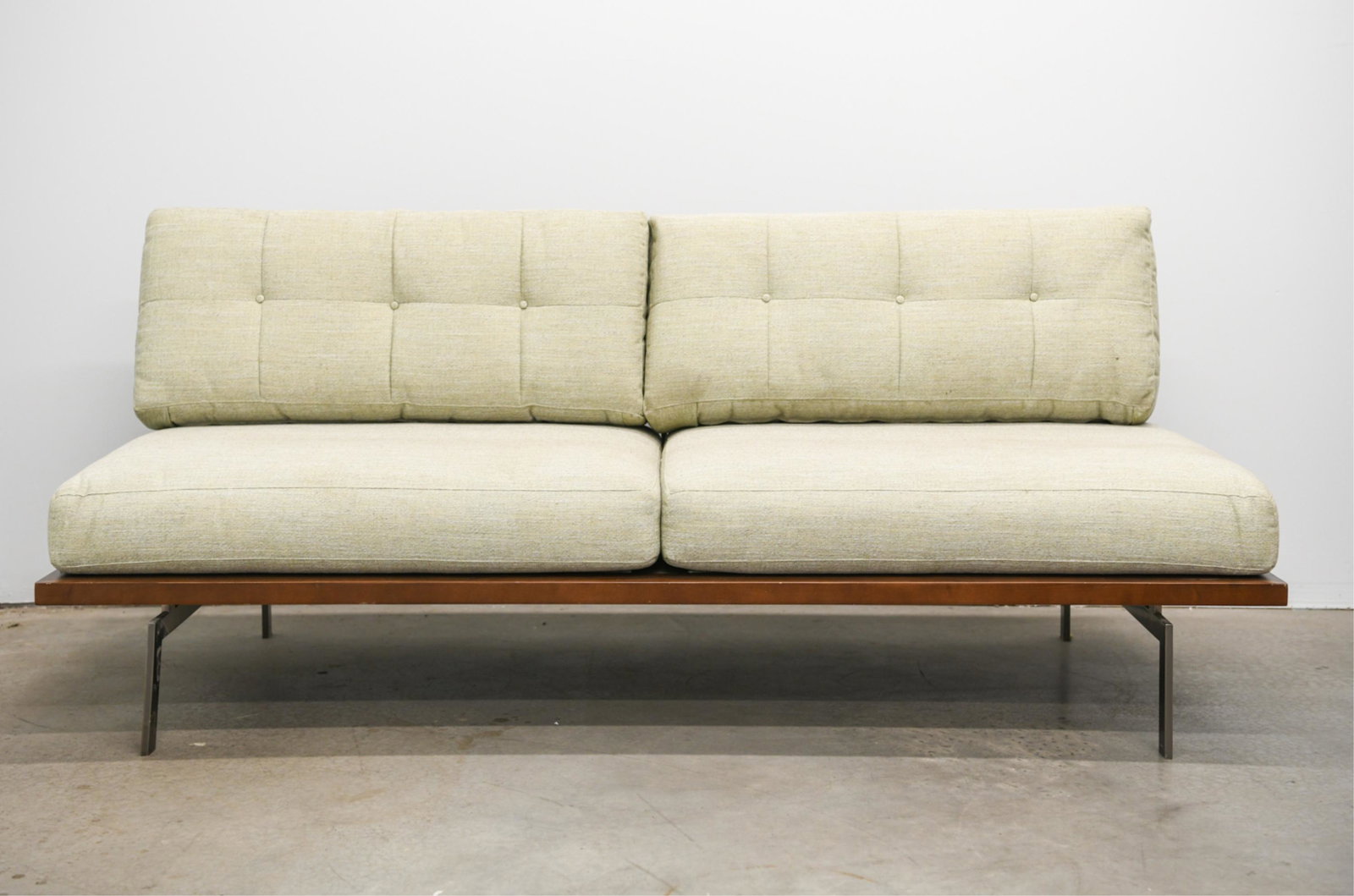 MICHAEL WEISS FOR VANGUARD DAYBED SOFA: Label underneath: Michael Weiss for Vanguard. Dimensions: H 34" x W 80" x D 34" x SH 18" Condition: Missing front foot caps. Wear to some edges including some nicks. Soiling to upholstery consistent w