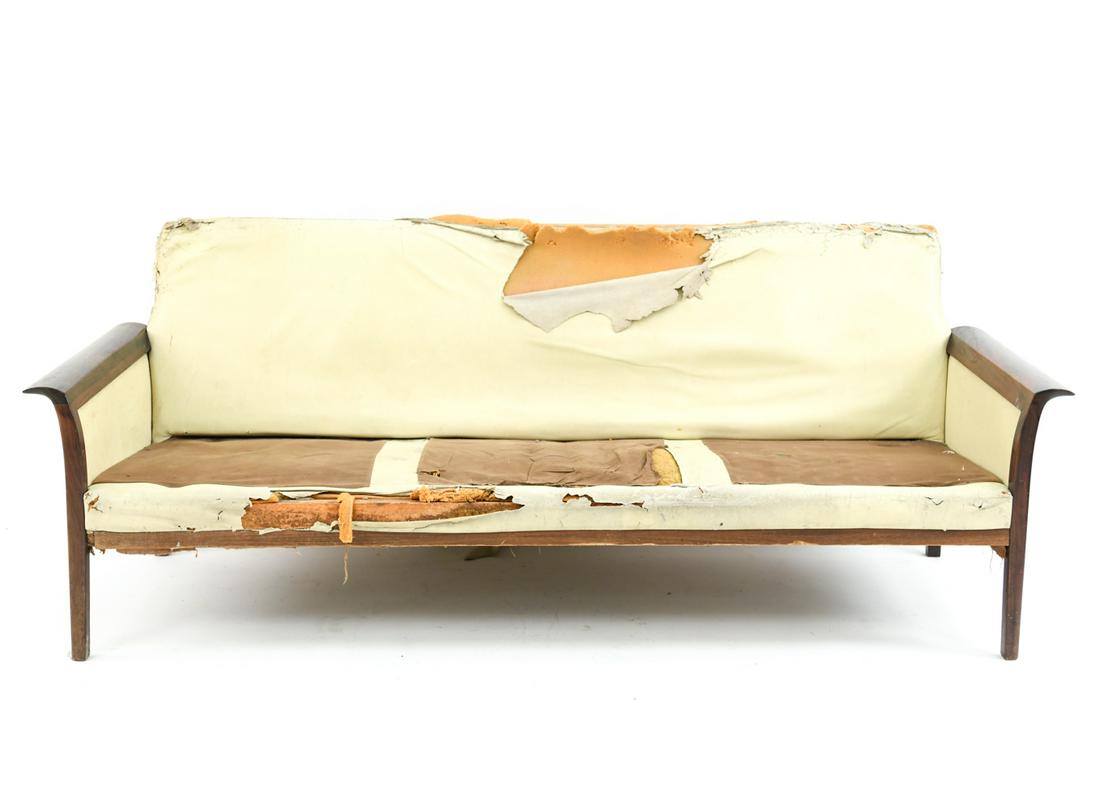 HANS OLSEN ROSEWOOD SOFA FOR RESTORATION: Dimensions: H 28" x W 74" x D 28" x SH 12.5" Condition: As is, for restoration. No cushions. Wear to some edges. Sturdy.