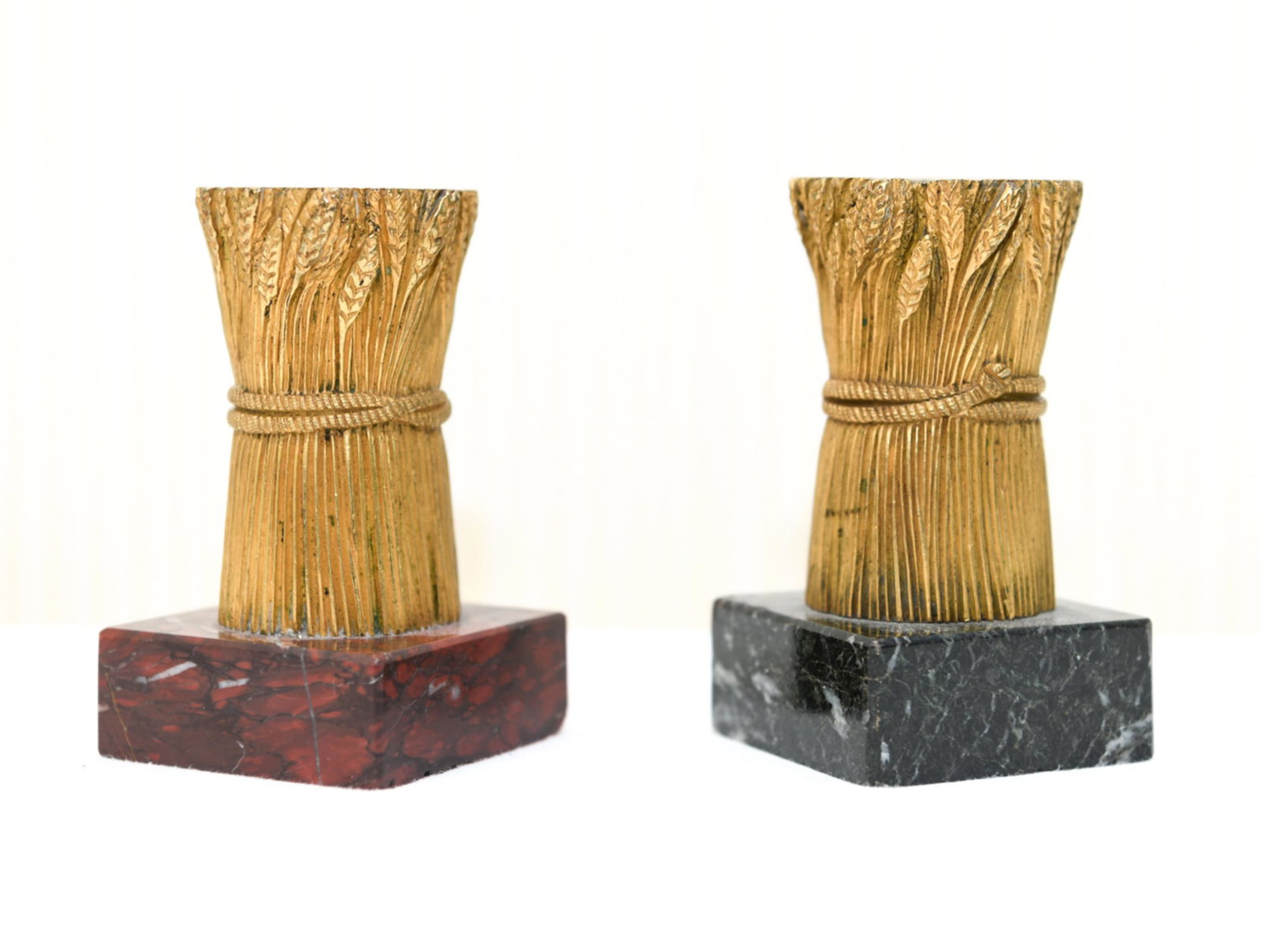 ANTIQUE FRENCH WHEAT SHEAF MOUNTED ORMOLU: Two well-detailed wheat sheaf bronzes. Mounted on different color marble bases. Dimensions: H 3.5" x W 2.25" x D 2.25" Condition: Some chips to marble. Ormolu with some age wear, very slight.