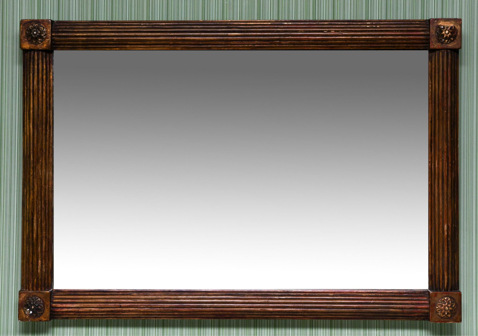 ANTIQUE FRENCH STYLE MIRROR: Classical fluted with rosettes on corners. Dimensions: H 27.25" x W 40.25" x D 3.25" Condition: Surface rubbed, repaired. Glass with some loss to silvering. One rosette with loss.