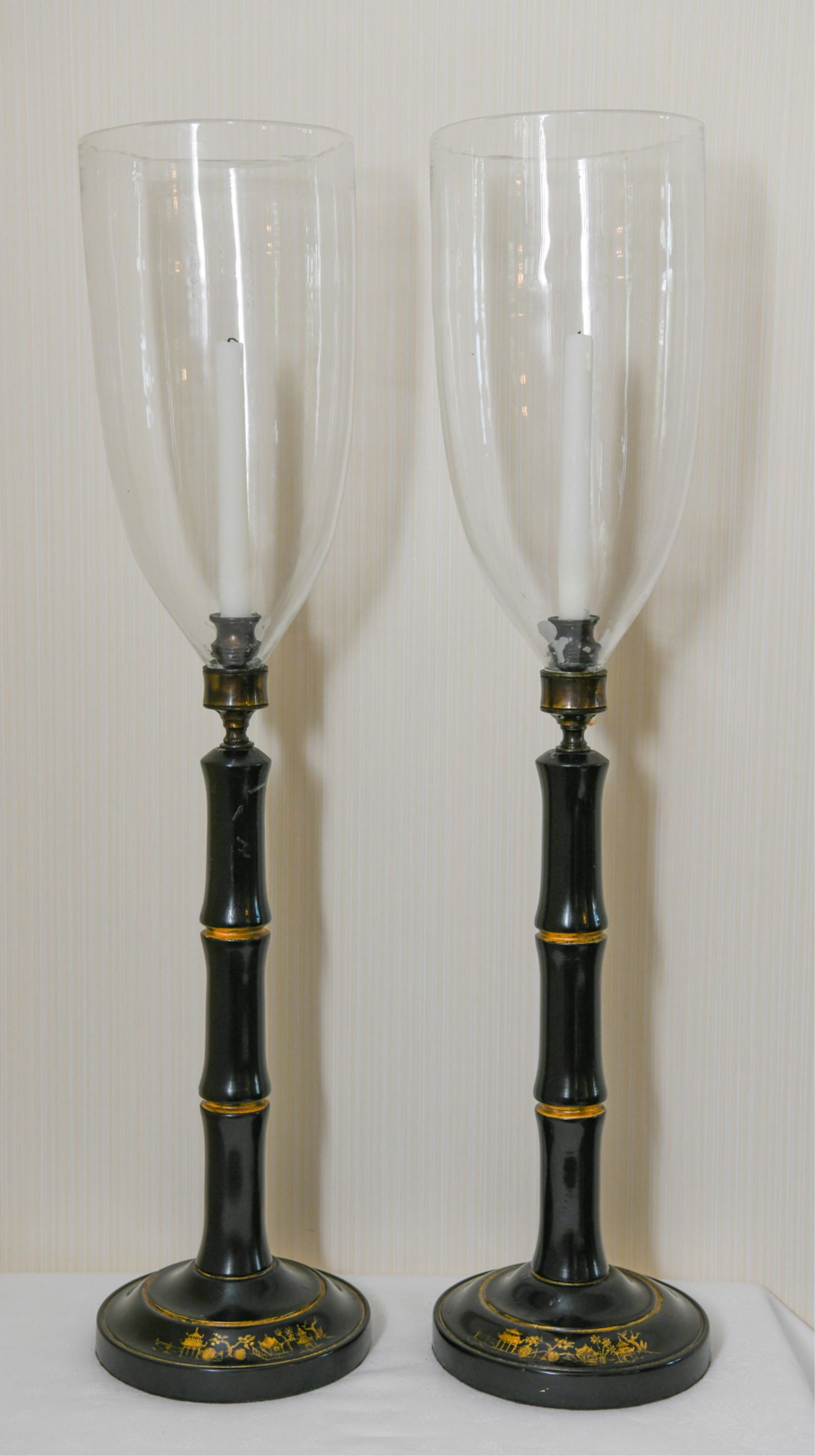 PAIR OF MODERN CANDLESTICKS W/ HURRICANE SHADES (1 of 10)
