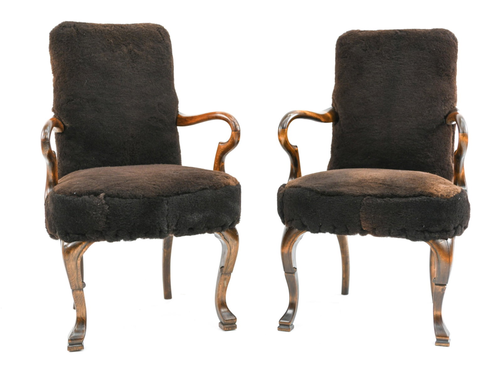 ATTR. FRITS HENNINGSEN ARMCHAIRS IN LAMB'S WOOL: These stunning armchairs are attributed to Danish designer Frits Henningsen. As an early participant in the Scandinavian modern design craze, Henningsen's designs are often transitional pieces between