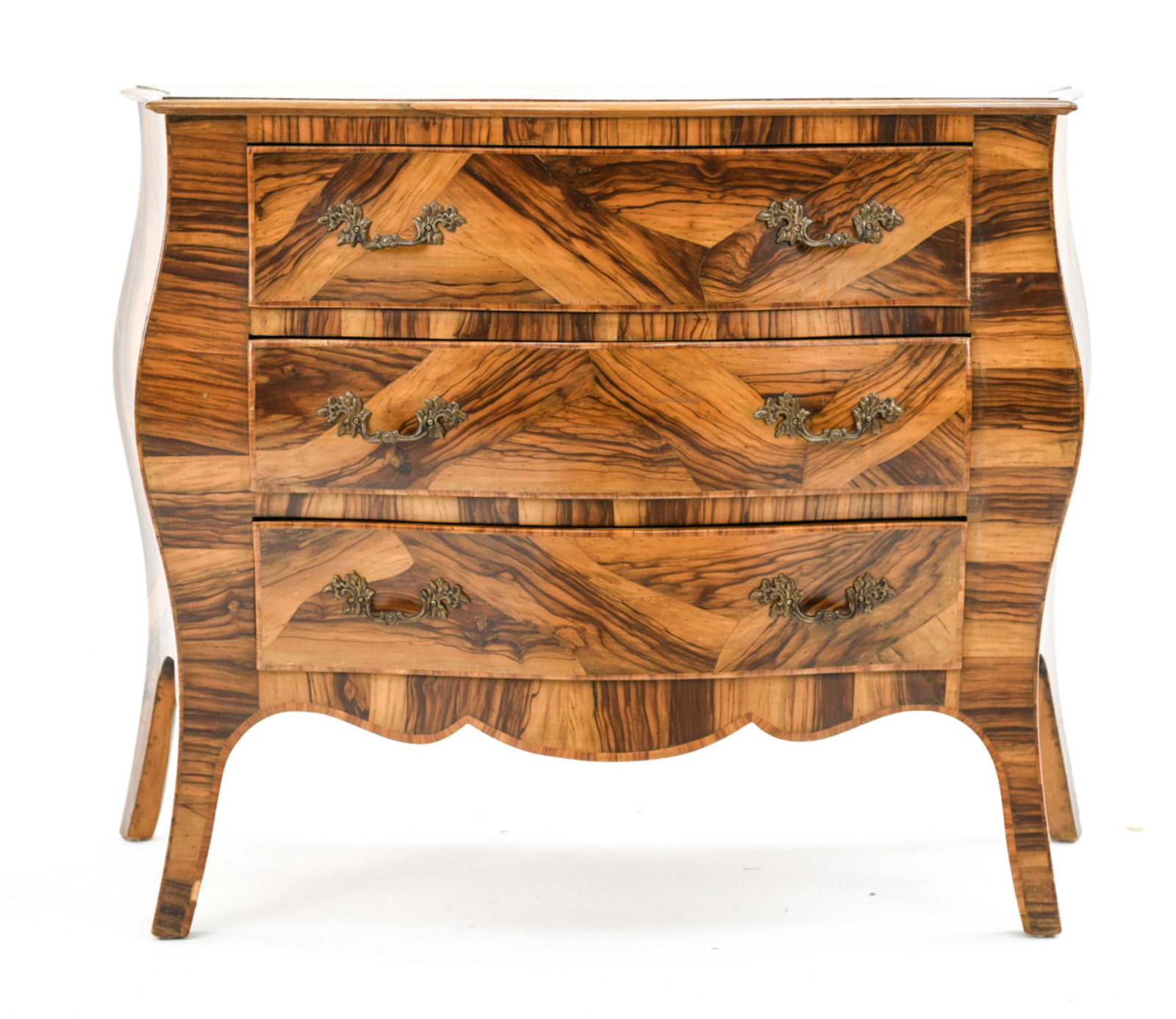 ROCOCO STYLE BURL WOOD CHEST OF DRAWERS: Dimensions: H 32.25" x W 40" x D 16.75" Condition: Light wear consistent with use.