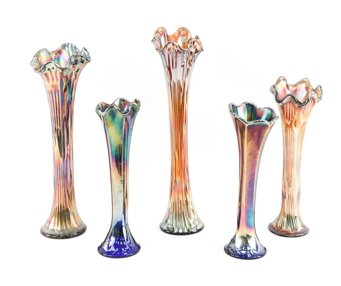 (5) CARNIVAL GLASS VASES (1 of 15)