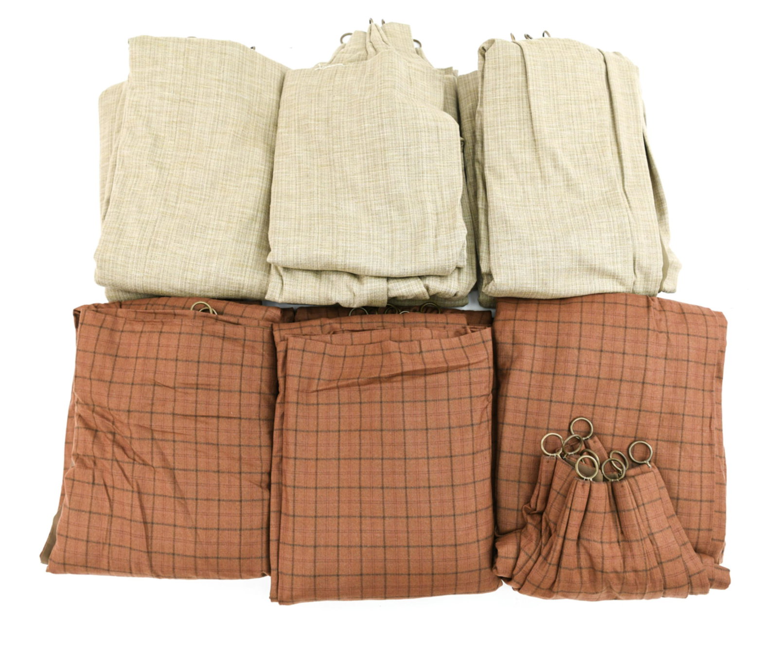 LARGE GROUPING OF CURTAINS: (6) pairs. Dimensions: L 99" x W 33.5" Condition: Showing light signs of use including wrinkles.