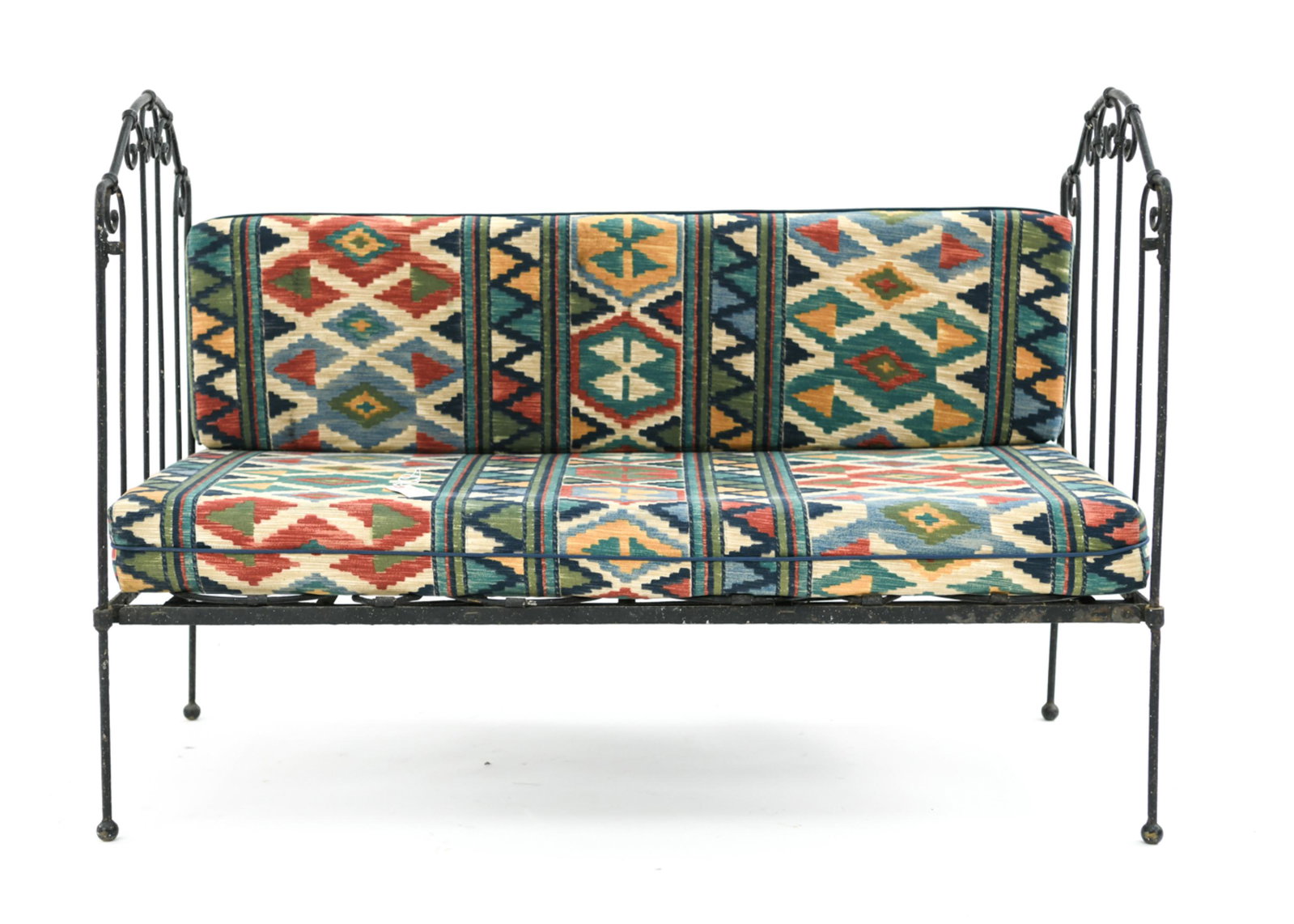 WROUGHT IRON BENCH: Dimensions: H 34" x W 47" x D 22" x SH 15.5" Condition: Showing light wear consistent with age and use. Missing backrest rod.