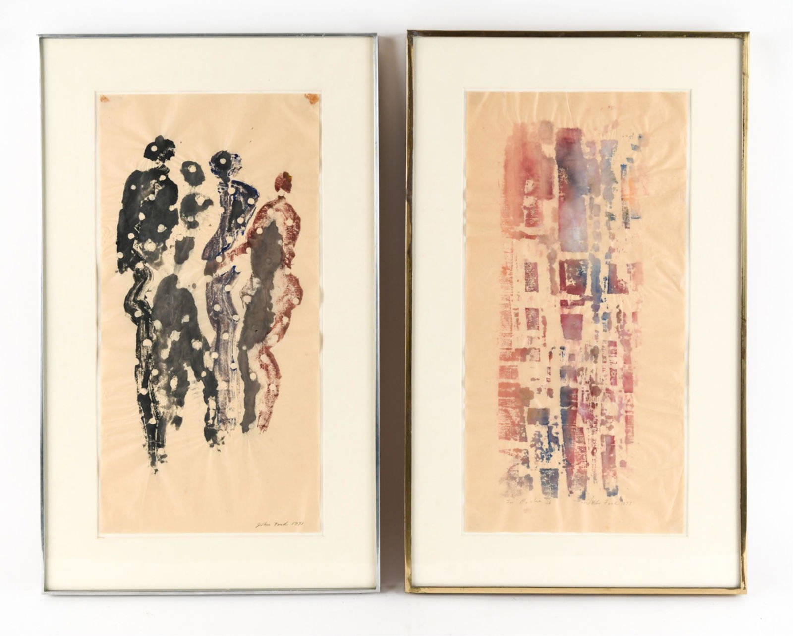 (2) JOHN FORD MONOTYPES: Monotypes on thin paper. Both pencil signed and dated 1971 and 1973. One titled. In brushed metal period frames. Dimensions: (Frame) H 25.25" x W 15.5", (Paper) H 20" x W 9.75" Condition: Age toning a