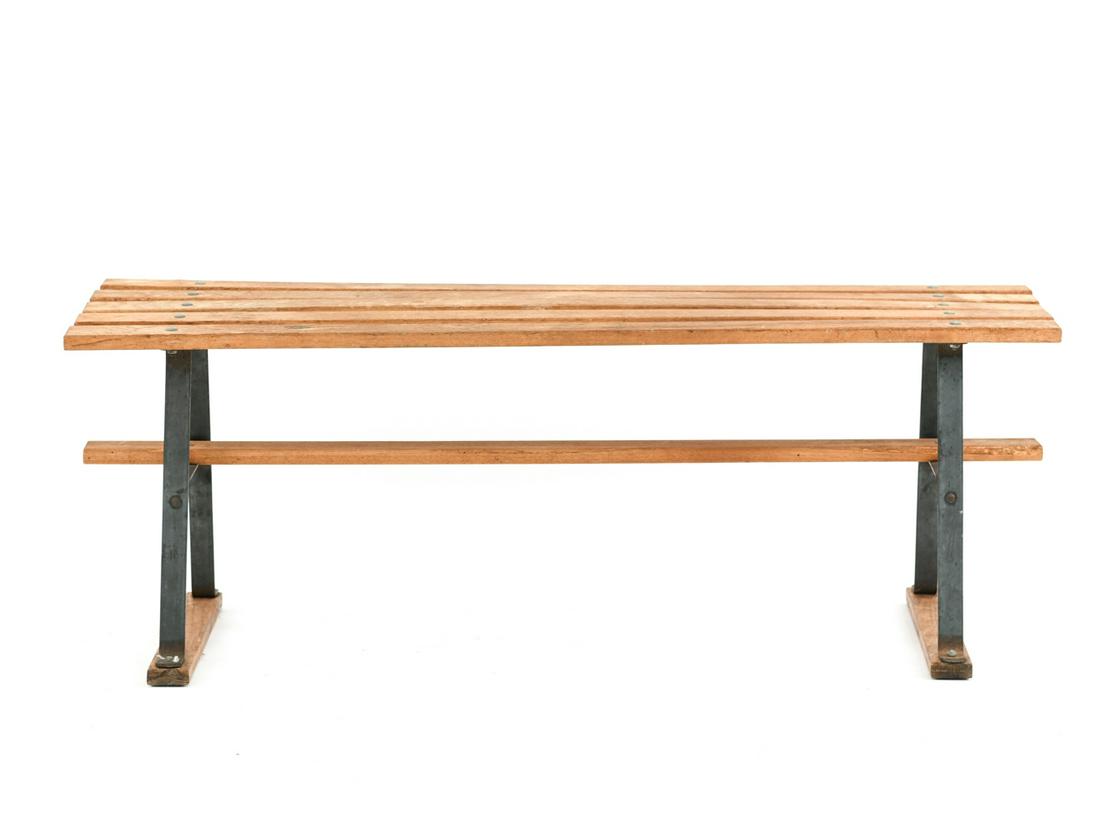 MID-CENTURY TEAK AND IRON SLAT BENCH (1 of 8)