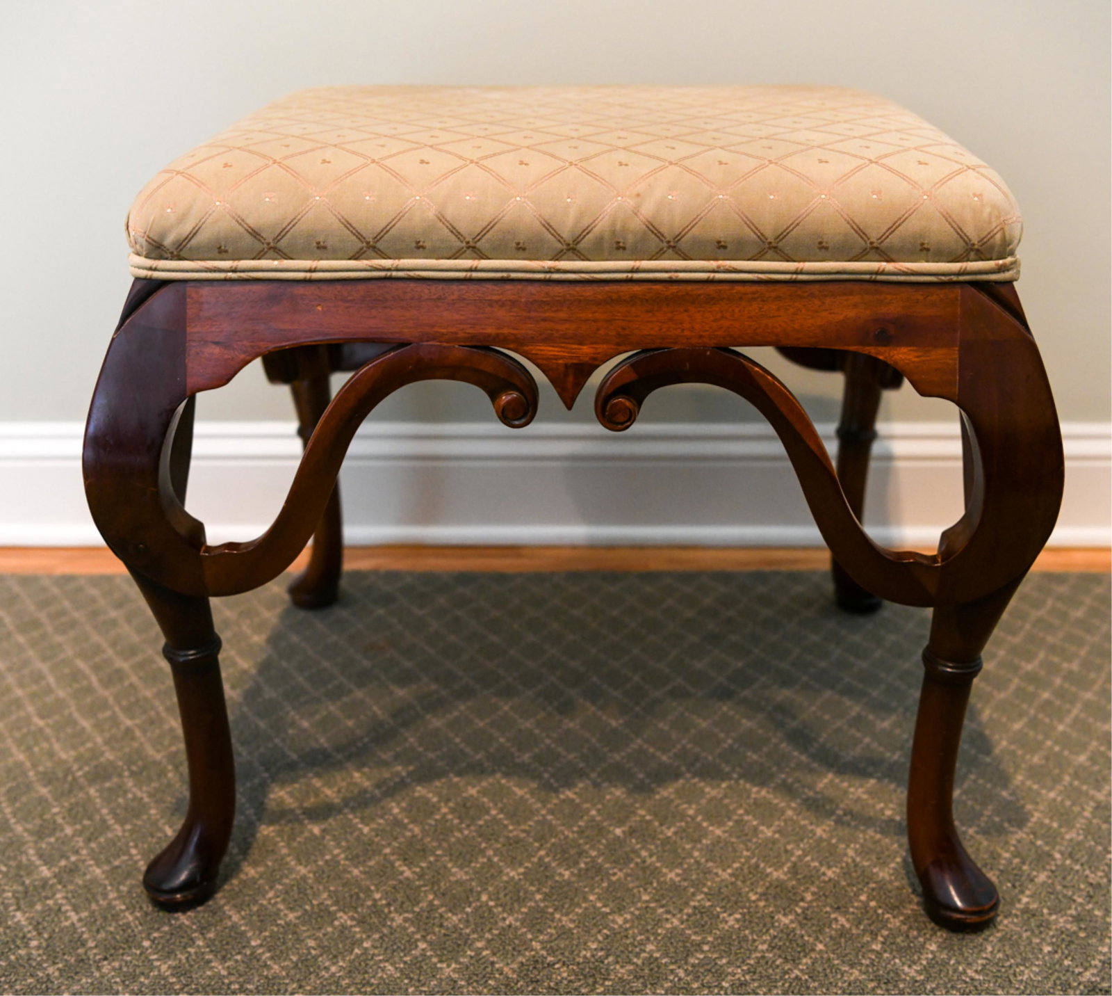 OTTOMAN: Dimensions: H 20" x W 23.25" x D 20.25" Condition: Few small spots to the upholstery. Light wear to wood.