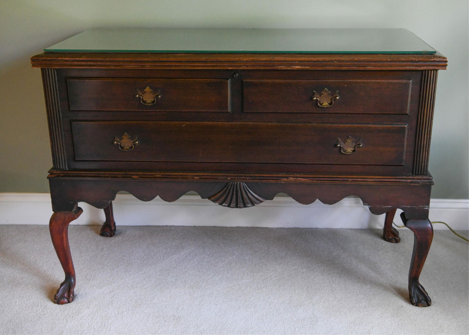 CEDAR INTERIOR LOWBOY TRUNK: Dimensions: H 31" x W 49.5" x D 19.5" Condition: Finish wear throughout. Rubs, nicks, and dings. Wear consistent with age and use.