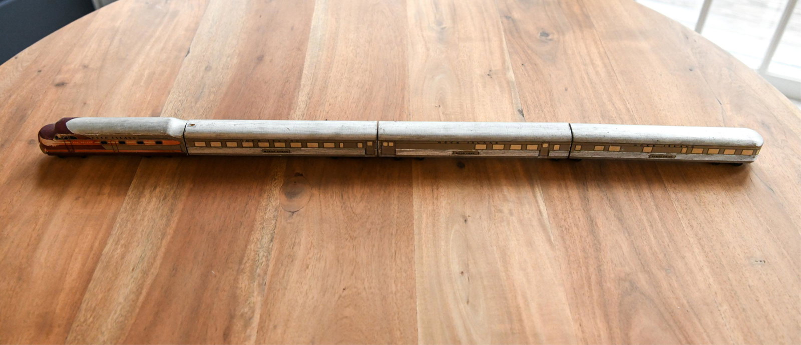 VINTAGE WOODEN TRAIN: Dimensions: (Each section) H 2" x W 9.5" x D 1.5" Condition: Wear consistent with age and use including surface wear and paint loss. Few small chips.
