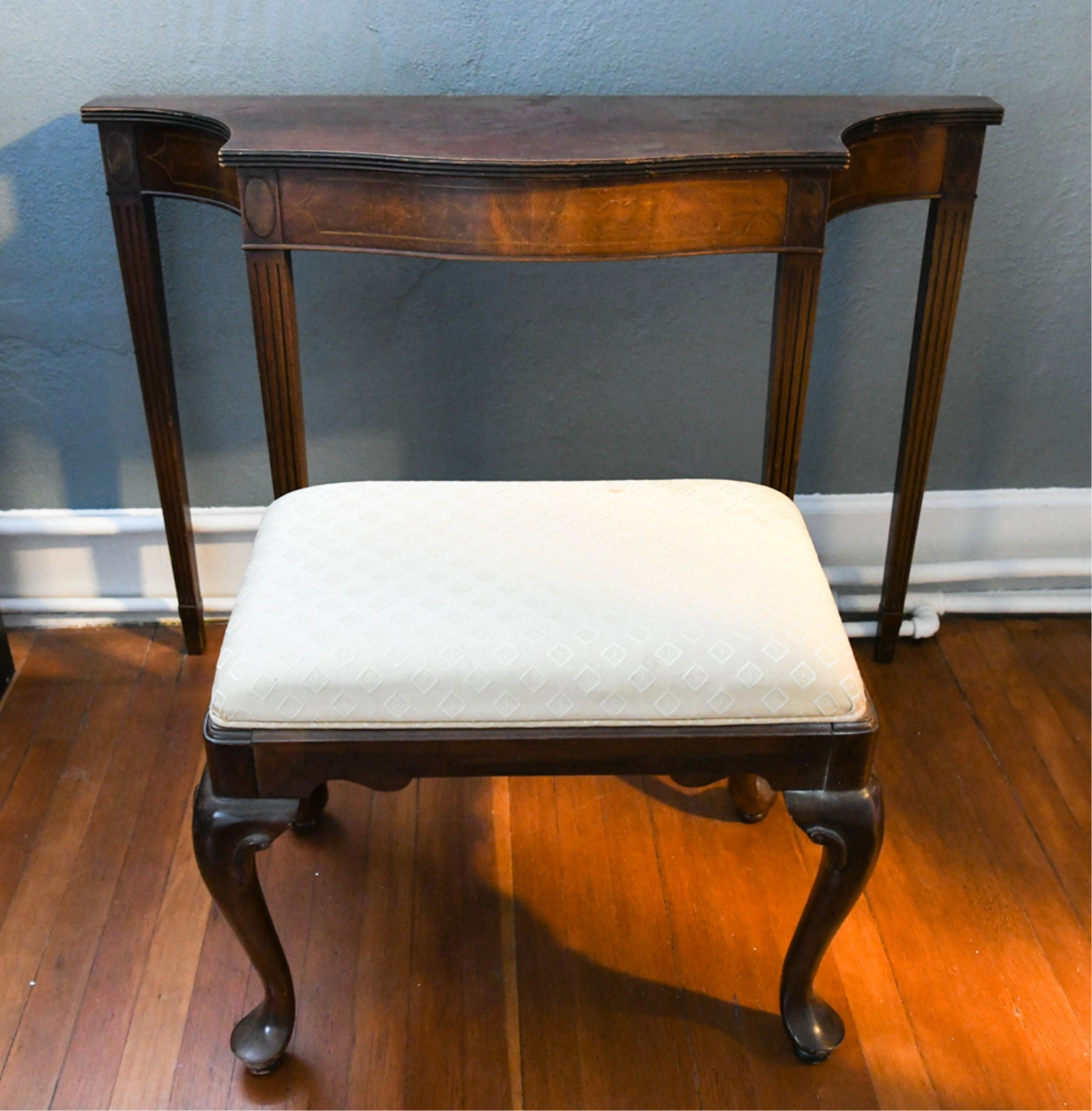 CONSOLE & STOOL: Dimensions: (Console) H 30.75" x W 41.5" x D 13" Condition: Some soiling to seat. Finish wear, nicks, dings, some joint separation, rubs to edges. Wear throughout consistent with age and use.