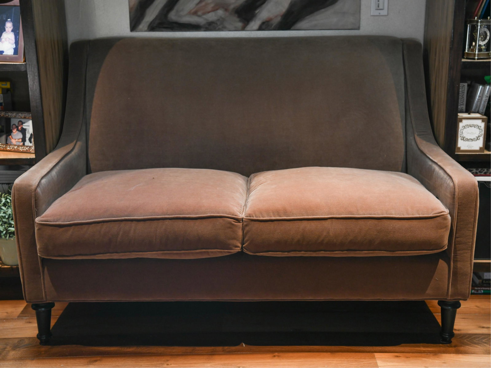 BALLARD DESIGNS LOVESEAT SOFA: Tagged under seat cushion. Dimensions: H 36" x W 56" x D 35" x SH 19.5" Condition: Some slight fading and soiling to upholstery. Overall lightly used.