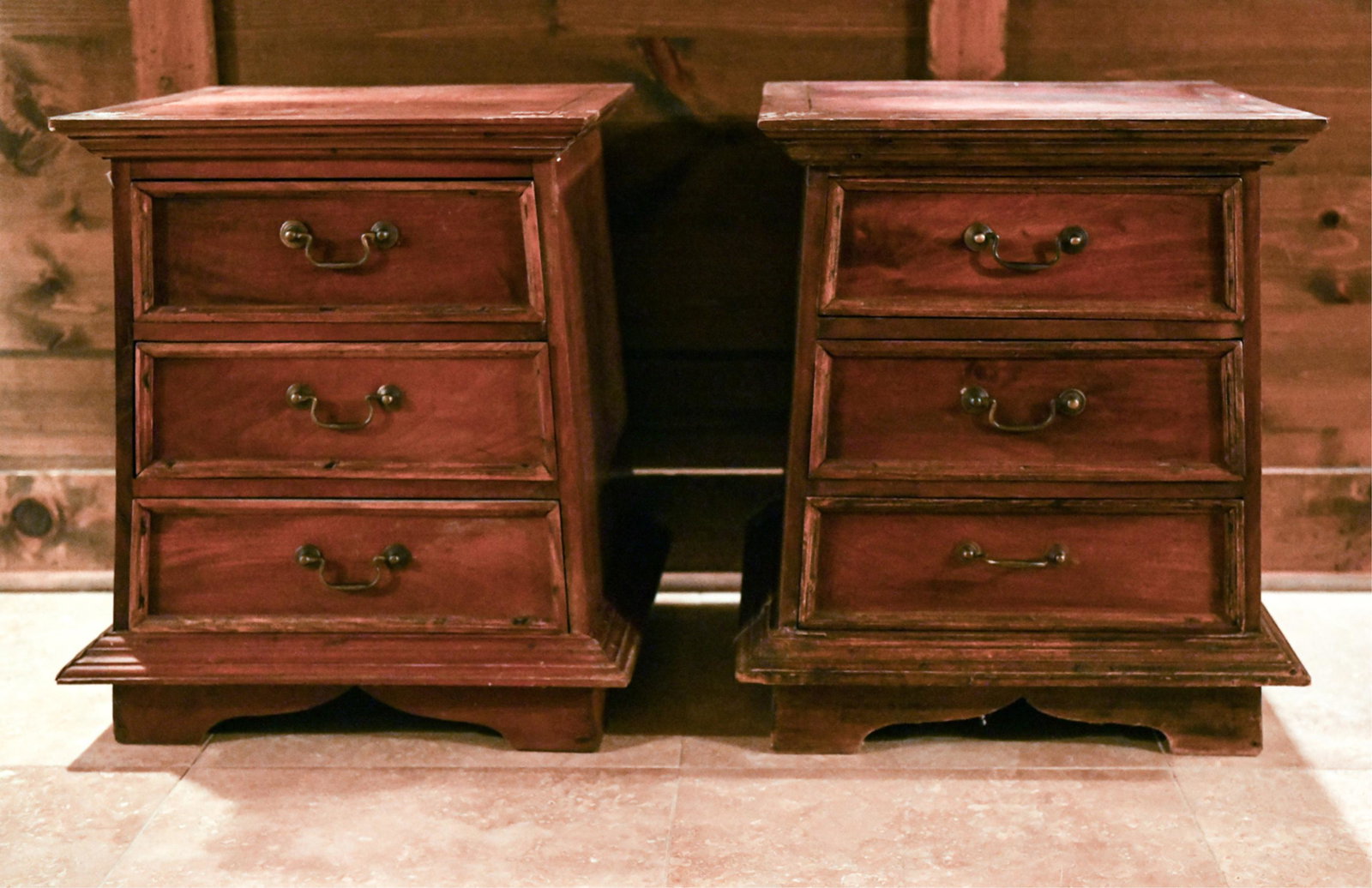 PAIR OF END TABLES: Dimensions: H 23.75" x W 19.5" x D 19" Condition: Wear consistent with age and use including residue to corners of top. Some joint separation. Surface wear throughout.