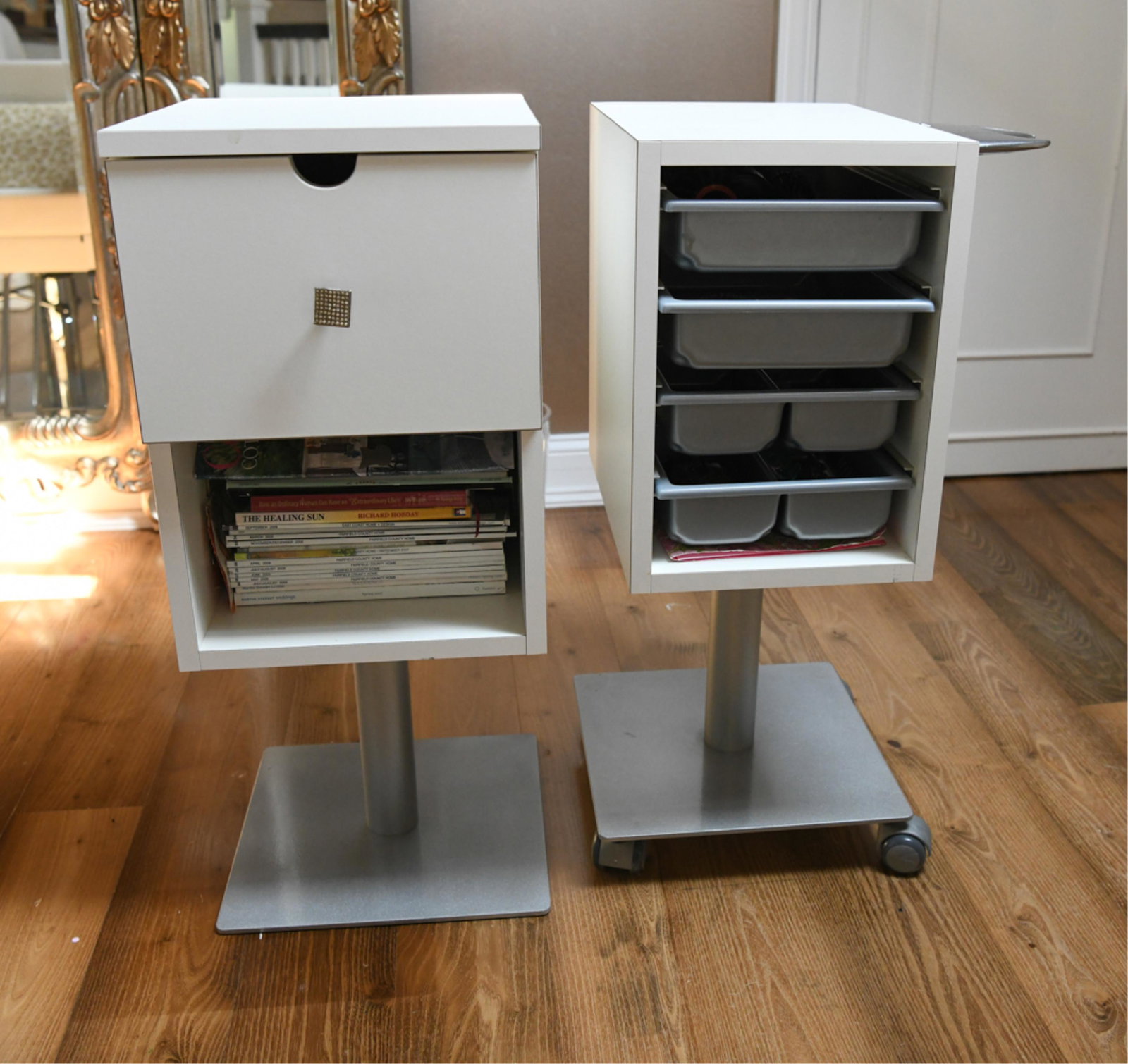 MG BROSS SPA TABLES (2): Dimensions: H 32" x W 14" x D 14" Condition: Minor scuffs, paint inside a couple drawers. Wear consistent with age and use.