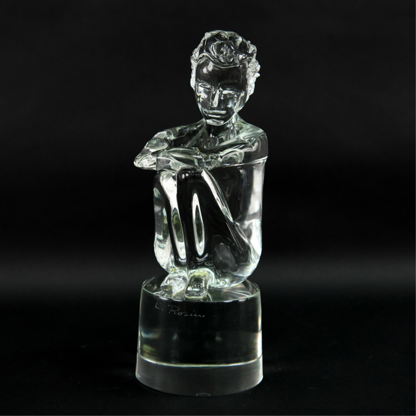 LOREDANO ROSIN (1936-1992) MURANO GLASS SCULPTURE: Of seated boy. Signed in front. Thick integral base. Dimensions: H 16" x W 6" x D 6" Condition: No issues to note.