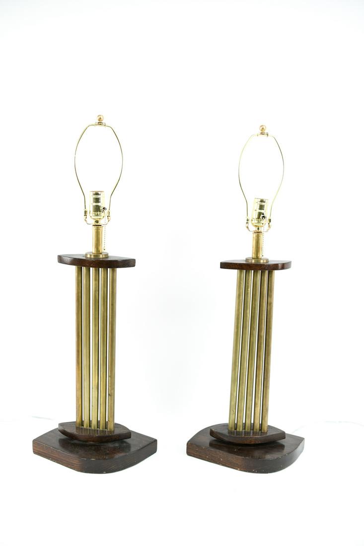 PAIR OF BRASS ROD AND WOOD LAMPS (1 of 11)