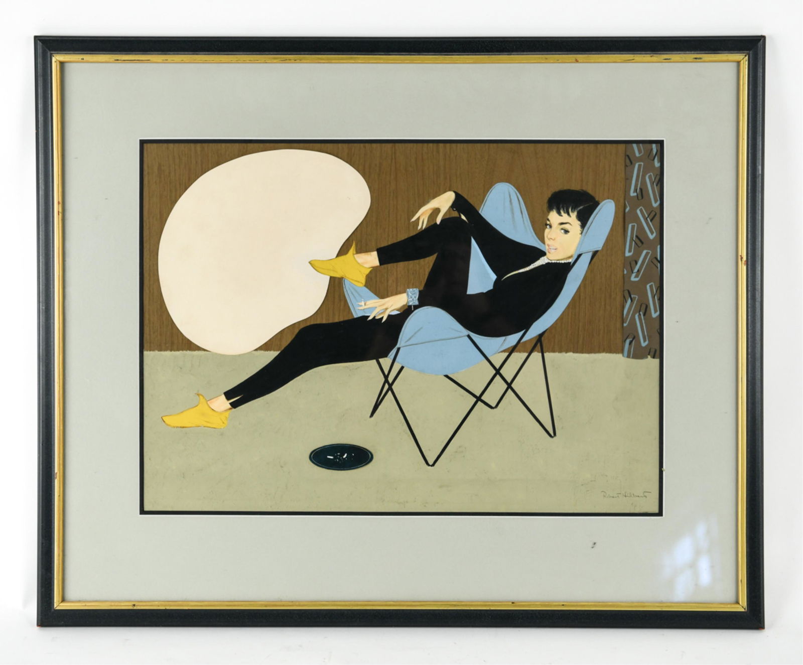 ROBERT HILBERT MID-CENTURY ILLUSTRATION: Signed lower right. Gouache and collage on board of stylish women in butterfly chair. Dimensions: (Frame) H 26.25" x W 32.5" (Sight) H 16" x W 23" Condition: Some separation in collage. Frame with rub