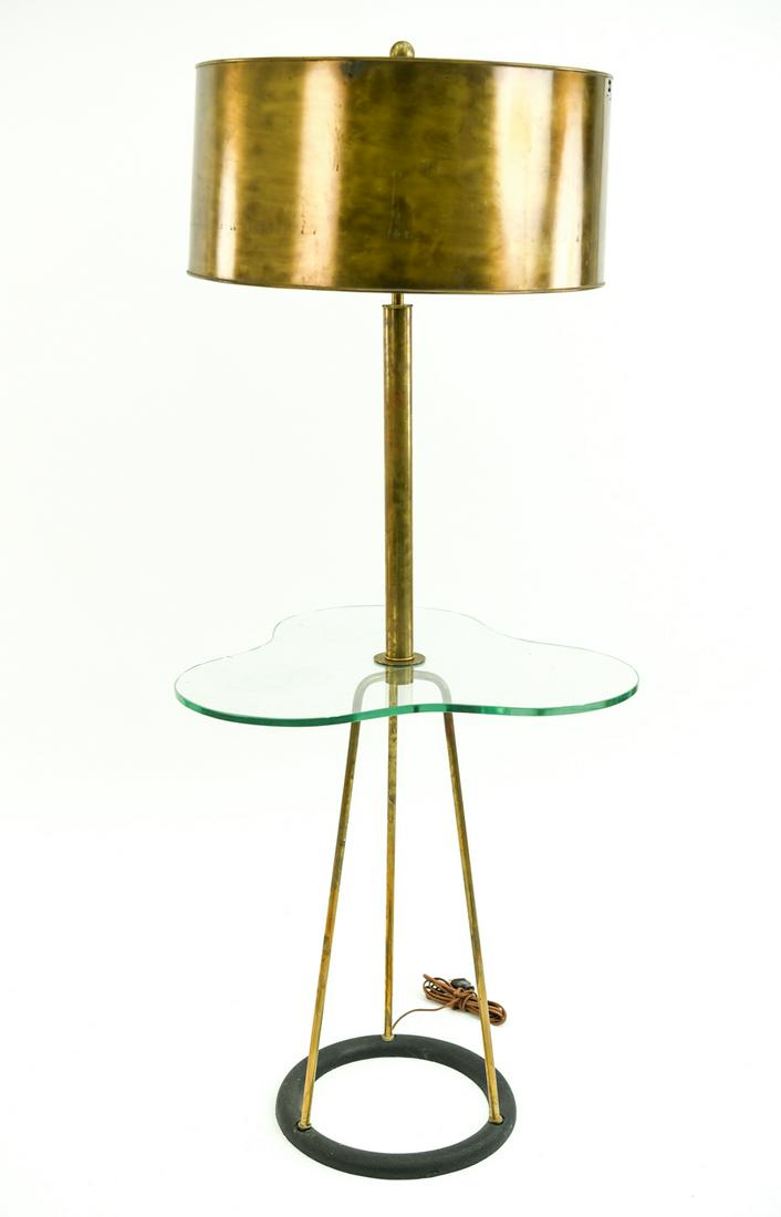AMERICAN MID-CENTURY BRASS & IRON LAMP: Satellite lamp table with brass shade. Dimensions: H 58" x Dia. 24" Condition: Harp is not original. Surface scratches to glass including a chip to underside edge. Flea bites to glass. Rubs and handli