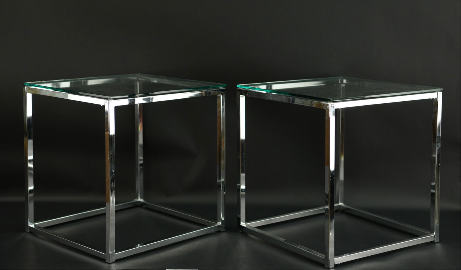 PAIR OF CHROME AND GLASS SIDE TABLES (1 of 8)