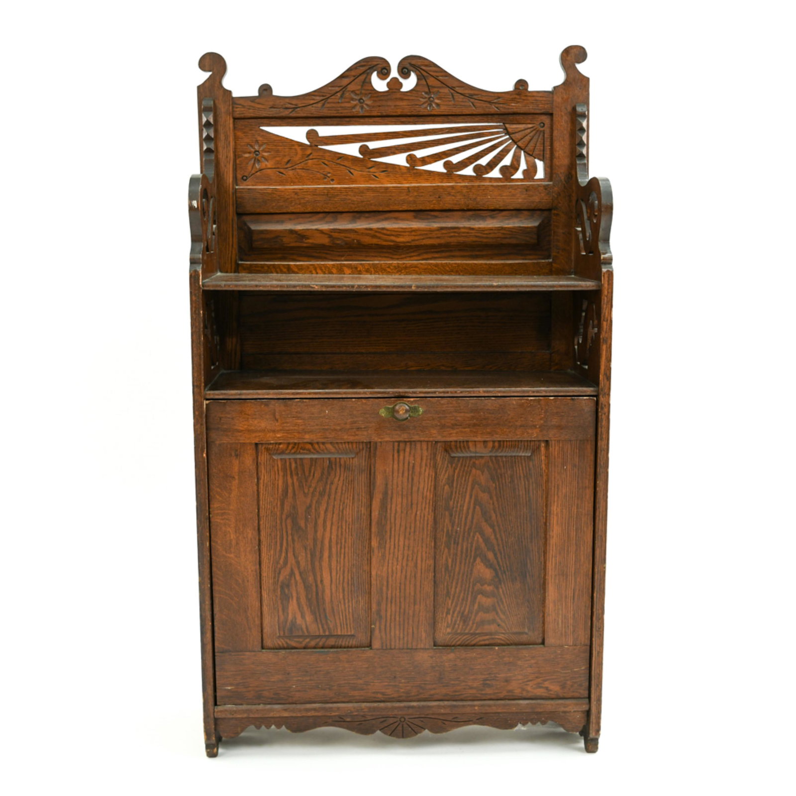 VICTORIAN FLOATING WRITING DESK: Dimensions: H 46.5" x W 26" x D 9.5"Condition: Wear and marks consistent with age and use including dings and a few small chips. Cabinet lock does not function and has a pull attached. Soiling to inte