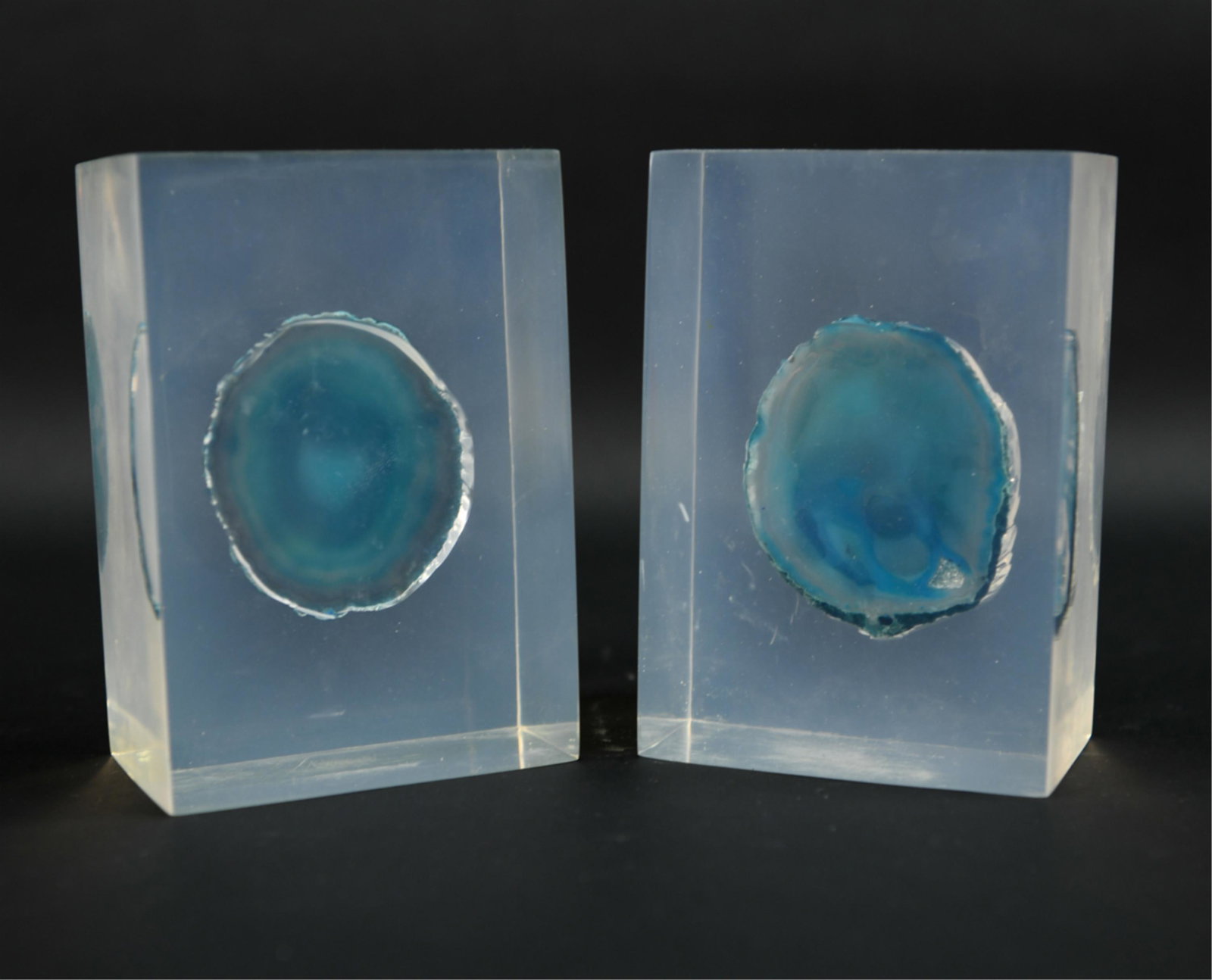 PAIR OF LUCITE AND SUSPENDED AGATE BOOKENDS (1 of 9)