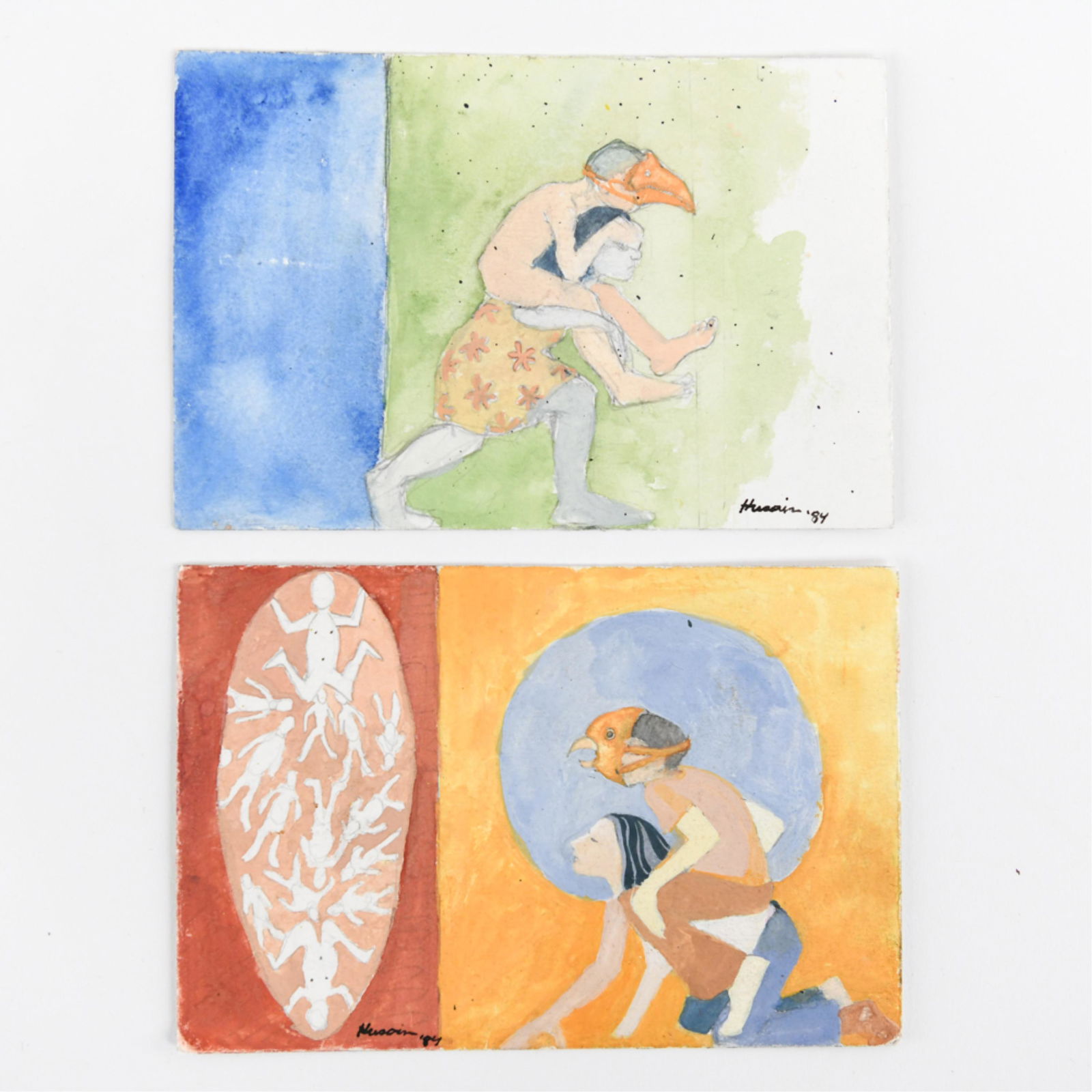 (2) WATERCOLOR PAINTINGS ON PAPER, HUSAIN '84 (1 of 9)