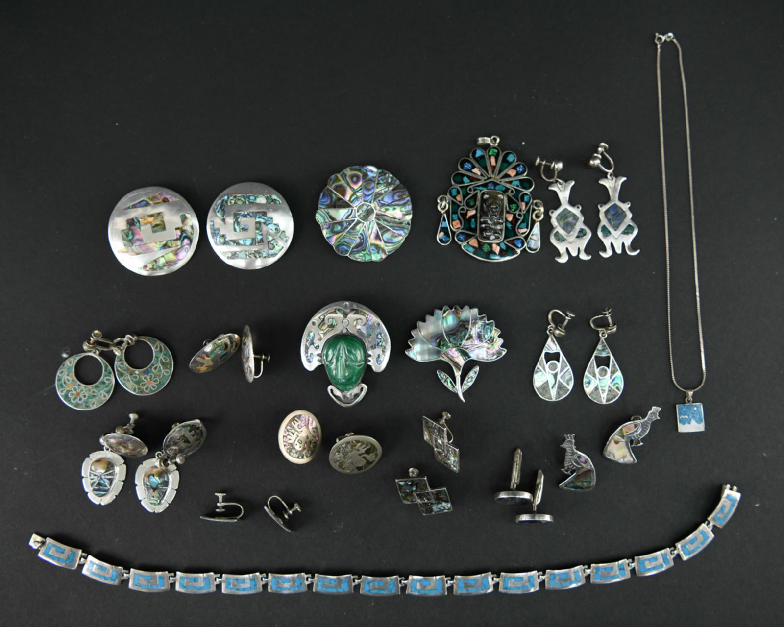 LARGE GROUING OF MEXICAN INLAID STERLING JEWELRY (1 of 20)