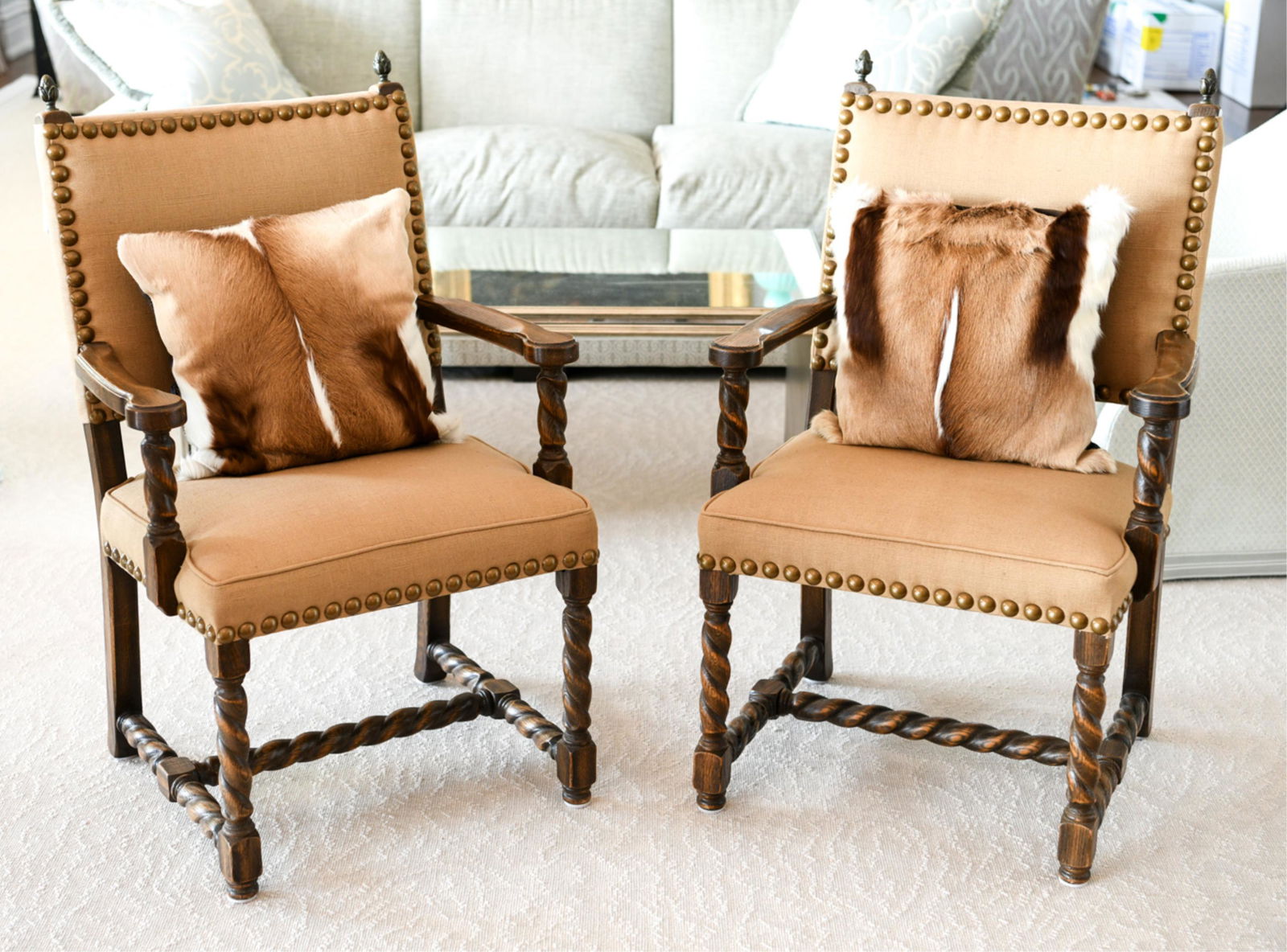 PAIR OF EDWARDIAN OAK BARLEY TWIST ARMCHAIRS (1 of 12)