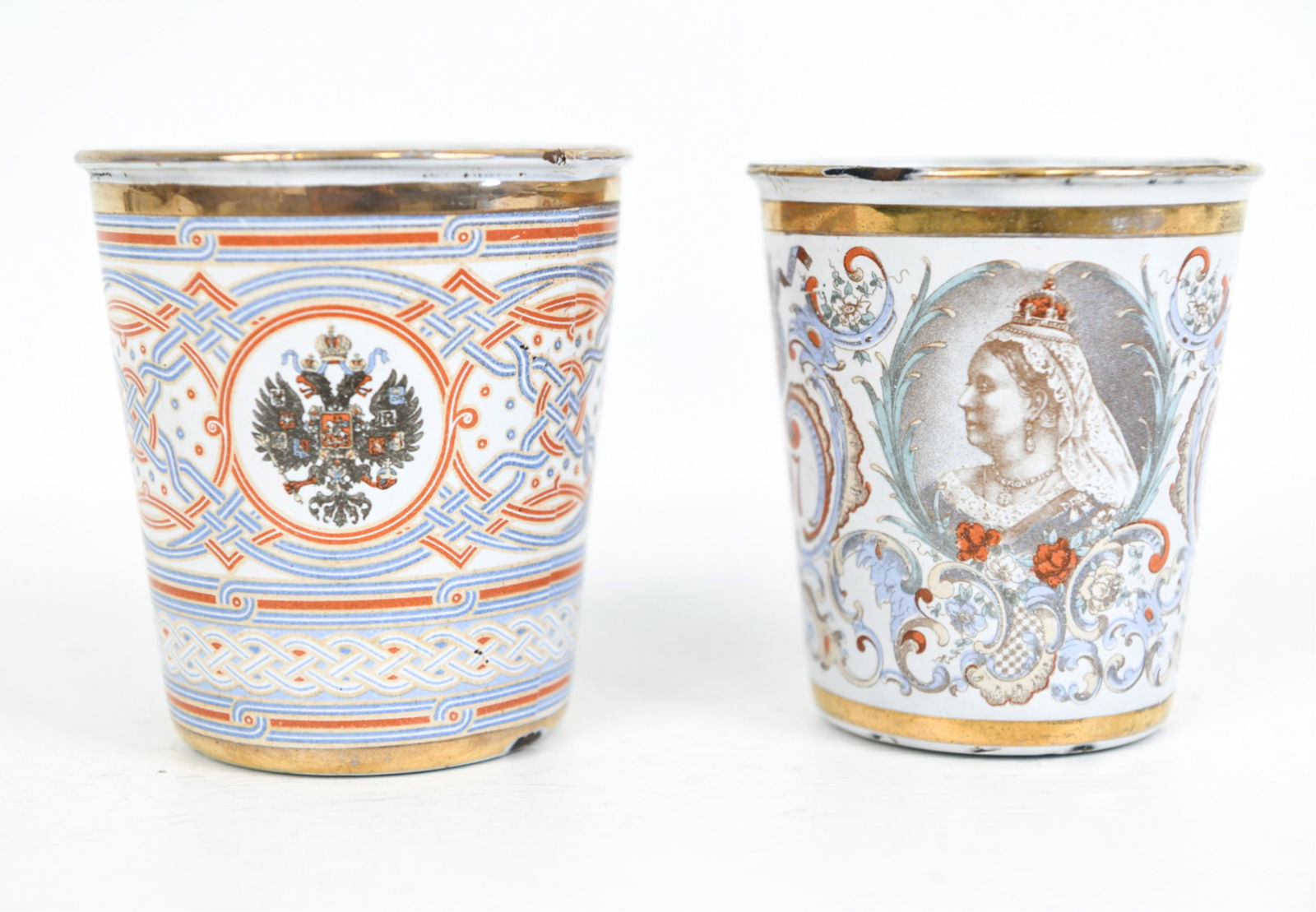 (2) 19TH C. TRANSFERWARE ENAMEL RUSSIAN METAL CUPS (1 of 9)