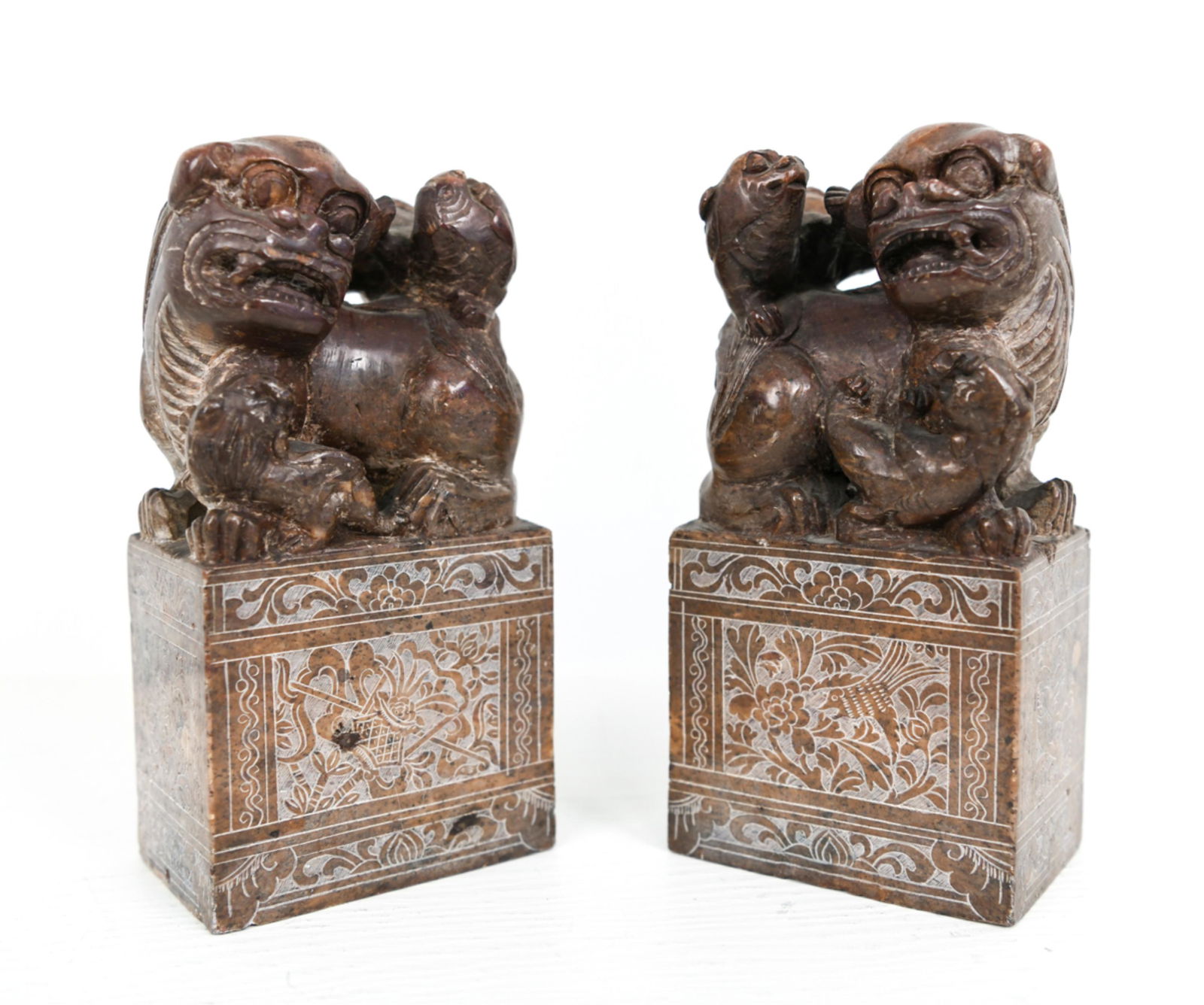 PAIR 19TH C. CHINESE CARVED SOAPSTONE FOO DOGS (1 of 11)